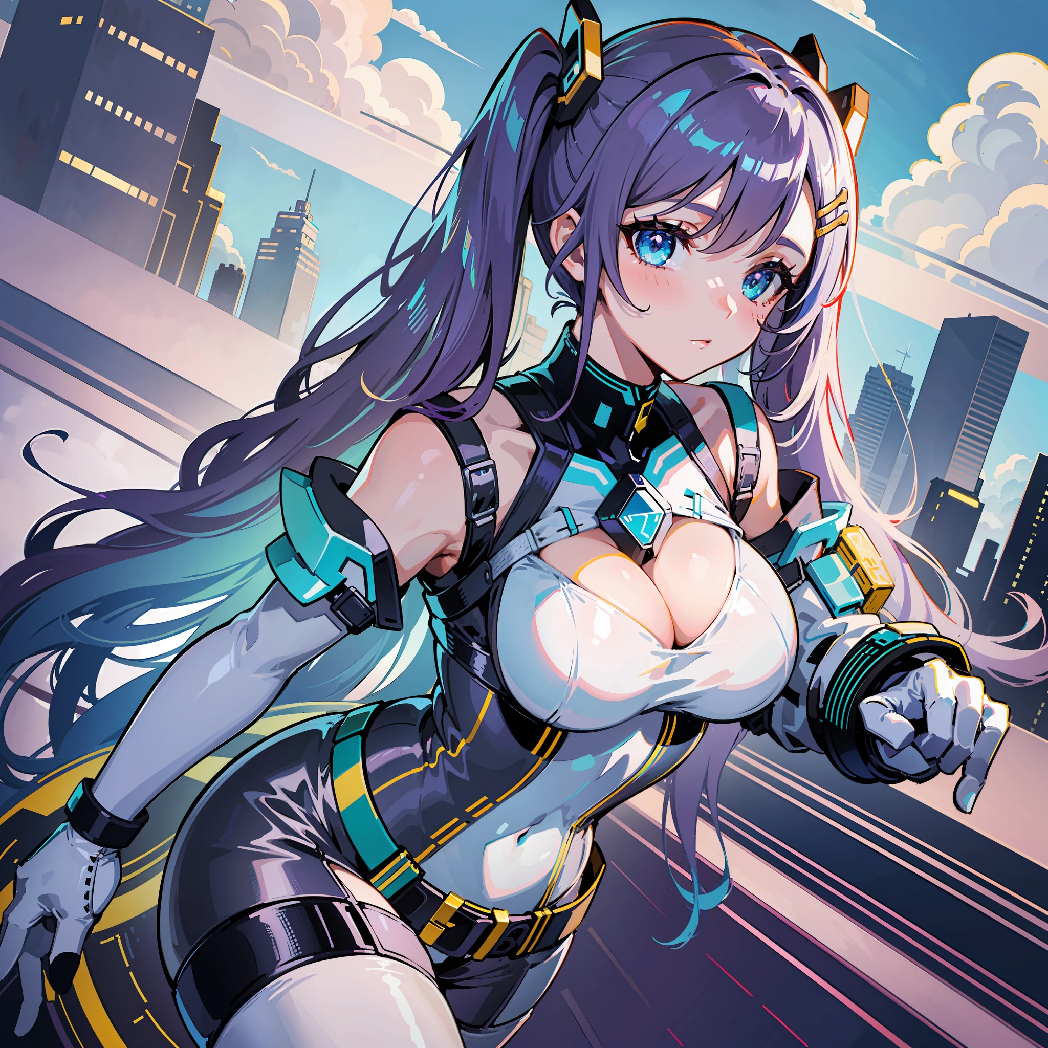 single girl,19 years old,well_developed curves,curvaceous_body,hourglass_figure,perspective,beautiful_face,high_quality_outfits,futuristic_outfits,silght_blush,full_body,sexy;

Purple hair,indigo hair tips,helix-shaped twintails,two fin-shaped white hairclips;golden eyes,golden iris,cross-shaped white pupils,golden holographic eyeglsses;

Futuristic battlesuit,fitting body curves,shoulder guards,white armored armguards with aqua decorations,black gloves white tanktop around breasts,black corset,aqua zipper,white shorts with aqua edge,white pantyhose,aqua gartener belt on left thigh,aqua waistband with gadget holsters

Cloudy sky in background,rainy weather,flying in air,calm expression,vigilat gaze