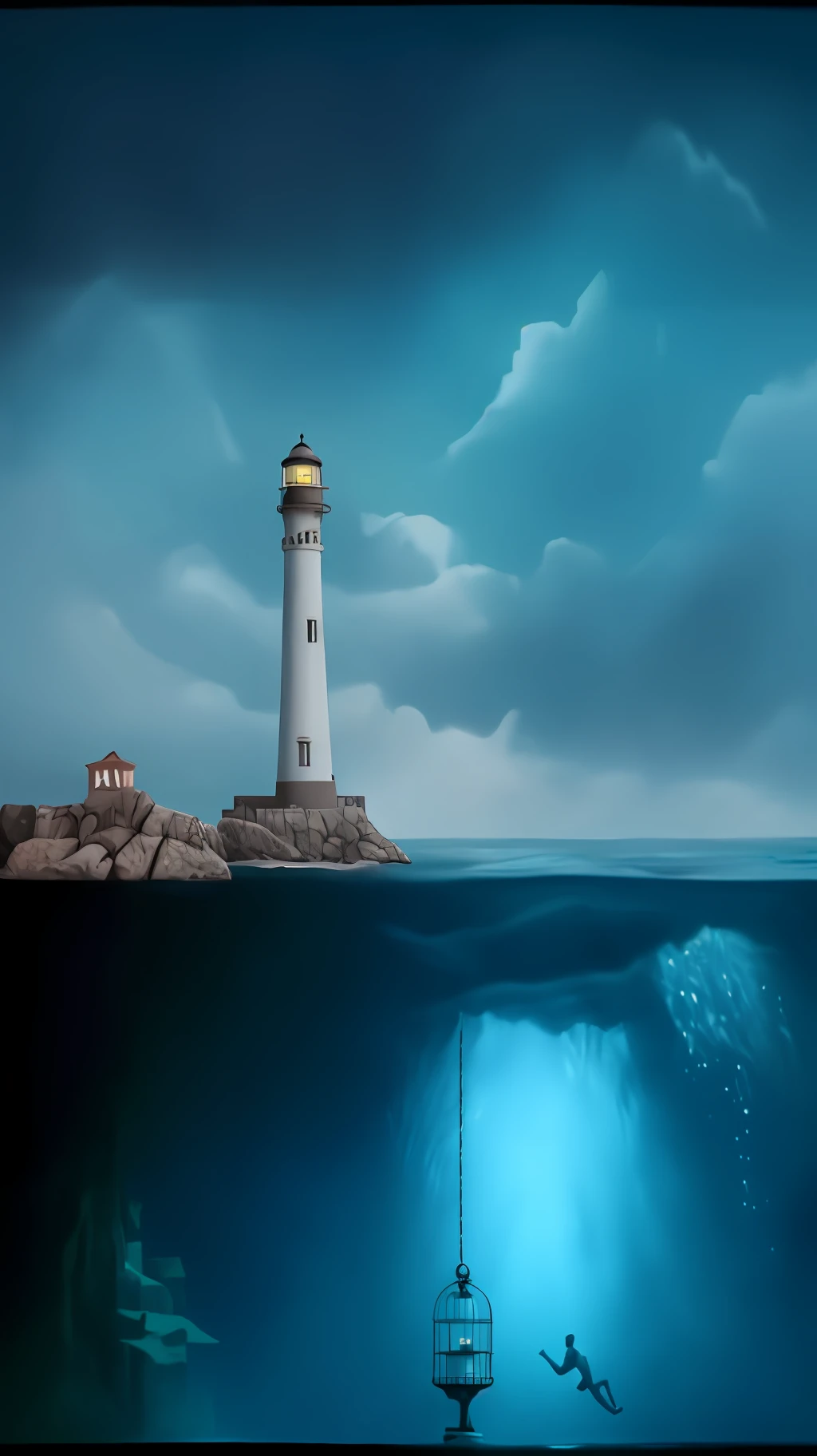 There is a man swimming in the ocean next to the lighthouse with a cage underwater, magic realism matte painting, surrealist scenes, surrealist painting, surrealist painting, surrealist illustration, amazing depth, seawater phobia, magical realism painting, inspired by Rob Gonsalves, incredible depth, lighthouse, deep sea pictures, inspired by Arnold Berklin, deep sea landscape