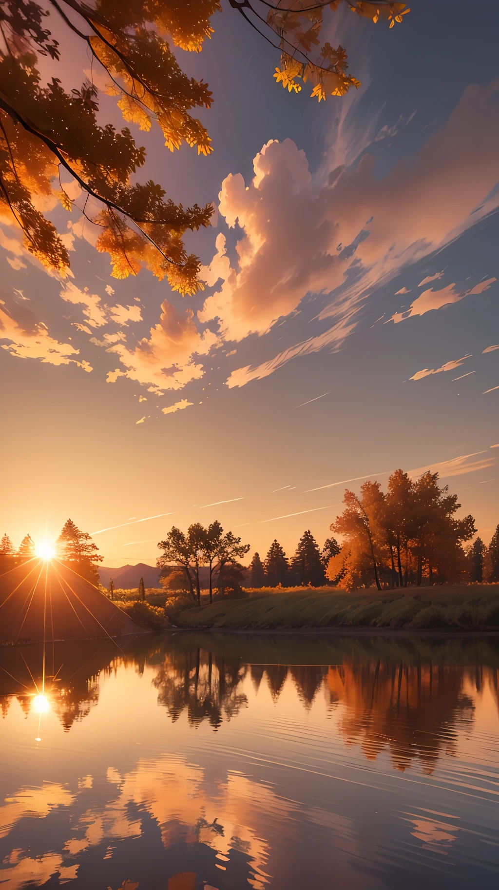 A sunset on the realistic 4k horizon, amid the trees, that conveys tranquility and reflection in autumn --auto --s2