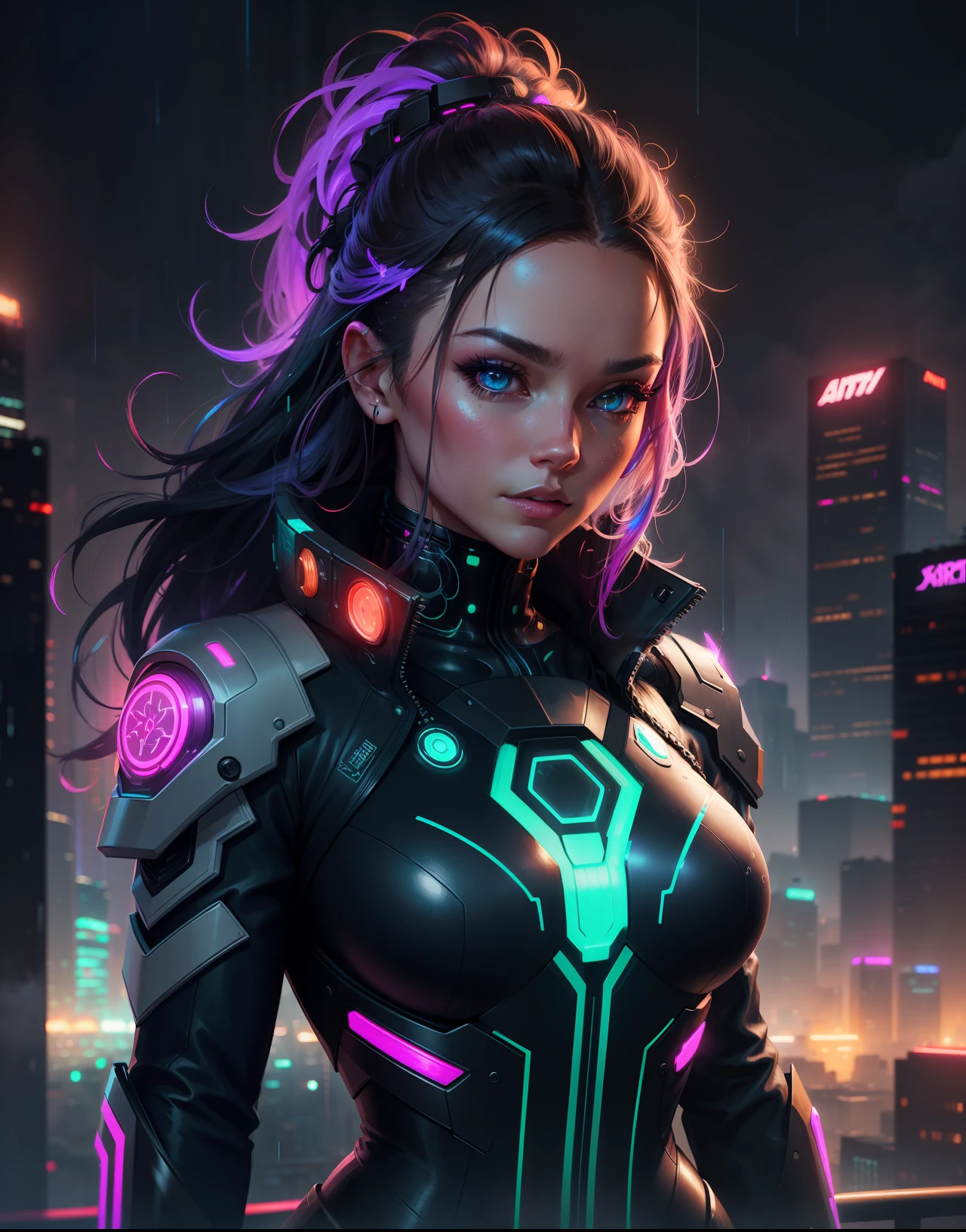 overlooking a neon-lit cyberpunk cityscape at night, with rain pouring down, wearing a form-fitting futuristic outfit, surrounded by steam and glowing holographic signs, her hair flowing in the wind, expression mysterious yet alluring, digital painting, highly detailed, intricate, art by Artgerm, trending on ArtStation, sharp focus.