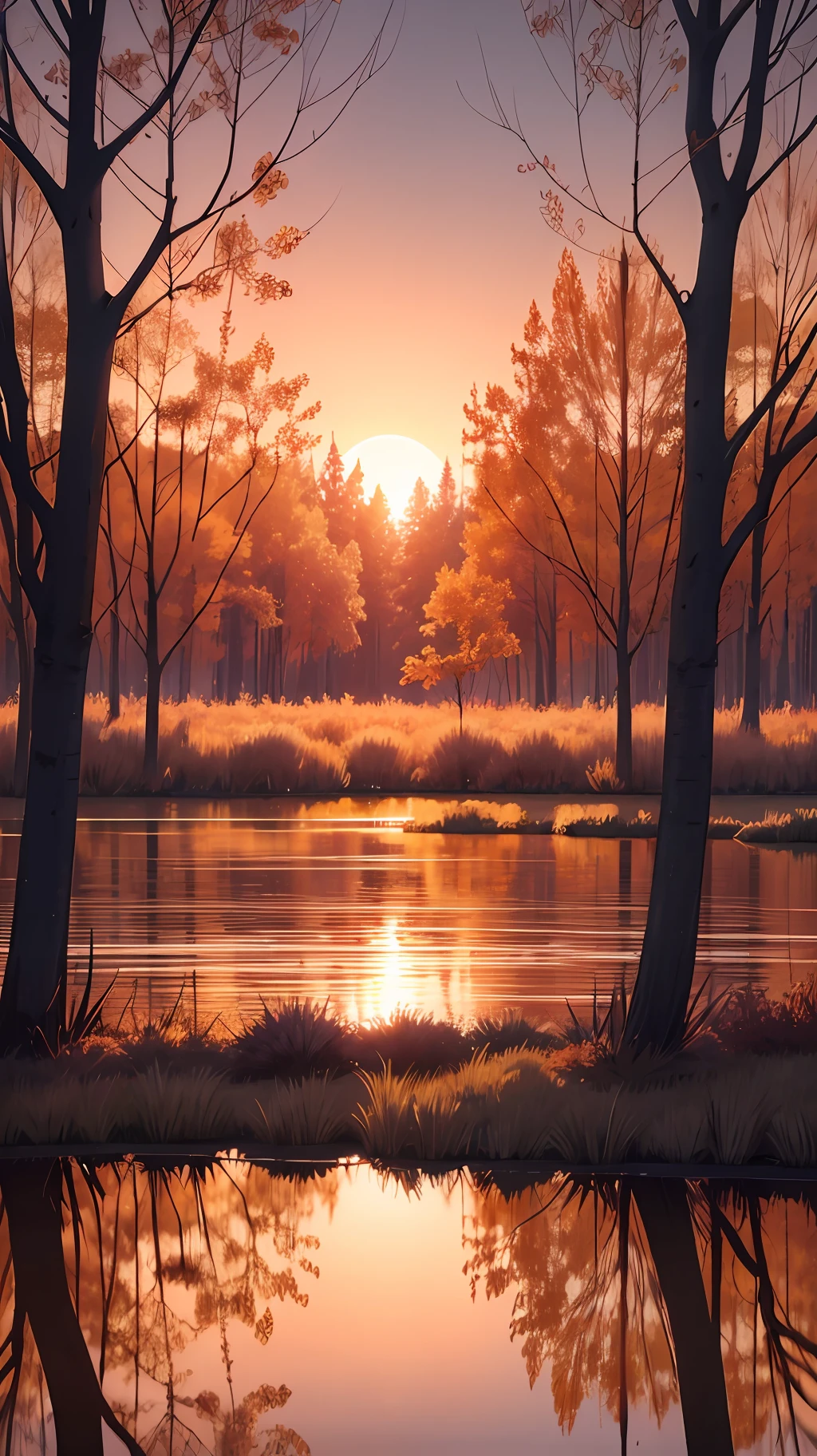 A sunset on the realistic 4k horizon, amid the trees, that conveys tranquility and reflection in autumn --auto --s2
