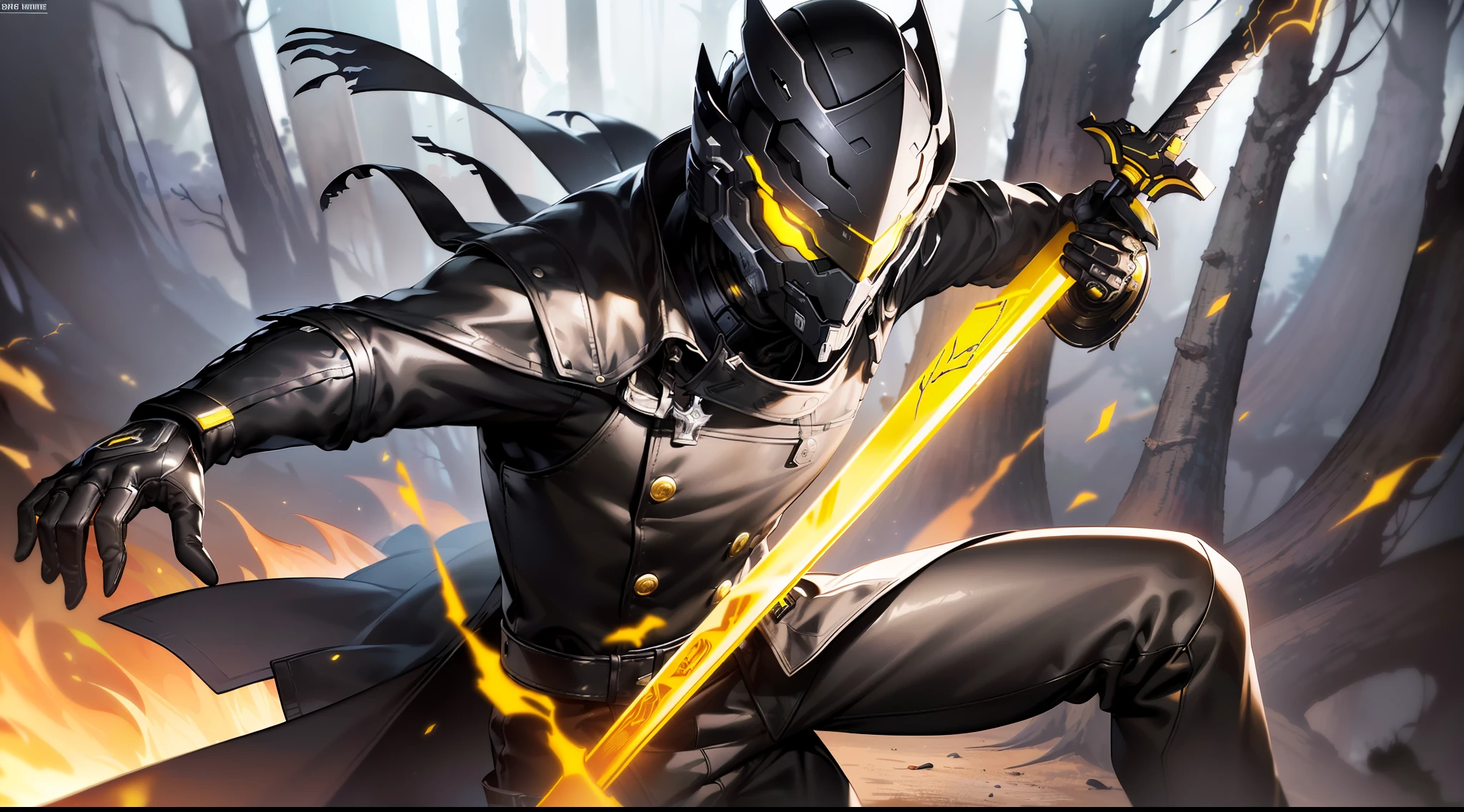 masterpiece, best quality, badass anime, high quality, human, mature handsome male, (((solo))), (male focus), ((mature)), ((black)) short hair, hair between eyes, slim, ((yellow pupils)), glowing pupils, detailed eyes, front view, (clothing, (topwear: (black modern coat, black t-shirt, black warframe helmet), bottomwear:(pants: black)), ready-to-sprint position, detailed clothing, coat collar, coat fluttering, smooth helmet, tall, (serious expression), (((burnt forest))), (detailed background), ((clothing covered with yellow glowing elements)), holding a gold sword