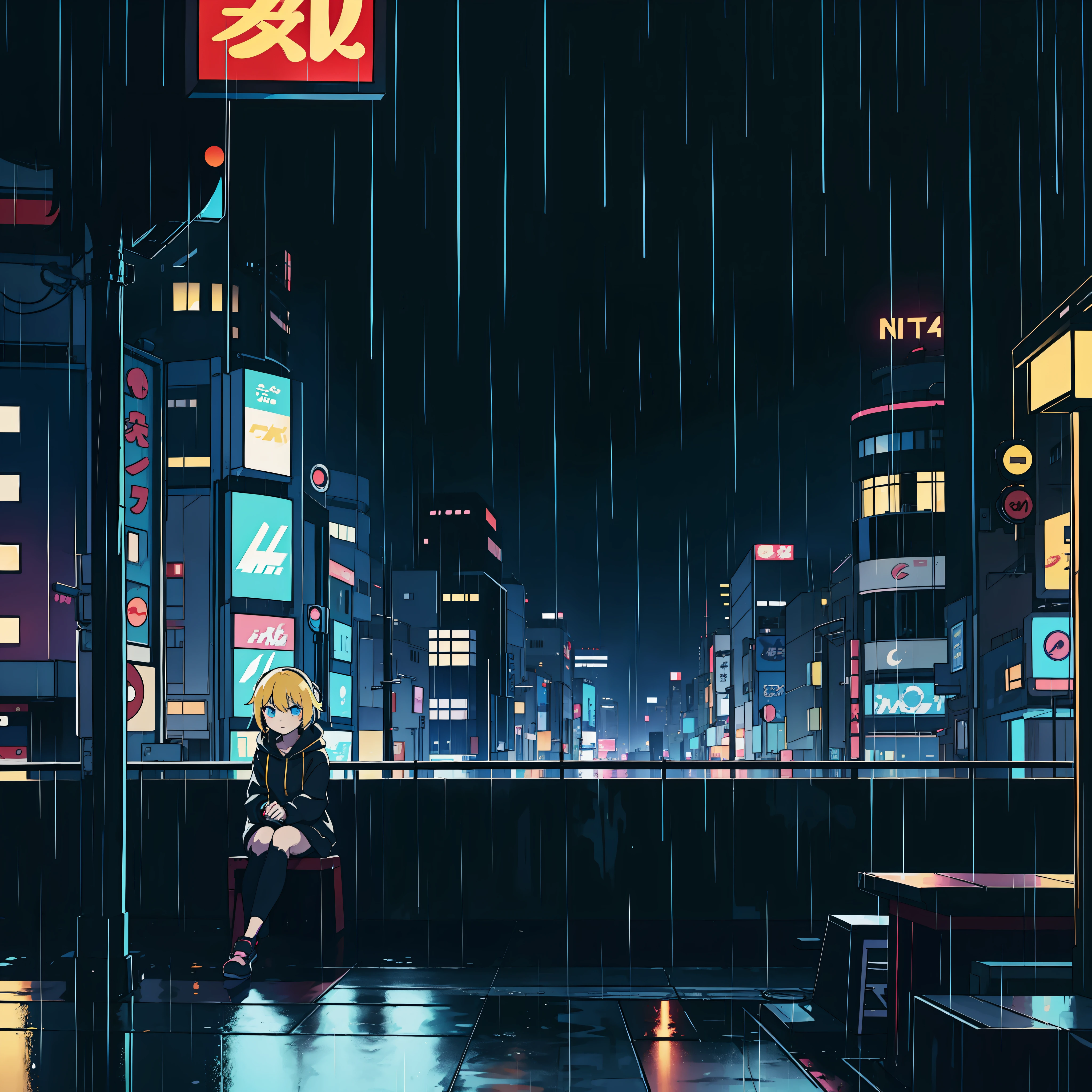anime girl with yellow hair and with black sweatshirt, umbrella and headphone, sitting on the windowsill looking at the city at night, Tokyo anime scene, 4k anime art wallpaper, 4K anime art wallpaper, anime anime cityscape, 8k anime art wallpaper, anime wallpaper 4k, rainy night, rainy night, anime style 4k, rain late night, cyberpunk rainy city, anime style cityscape, 4K manga wallpaper, rainy afternoon