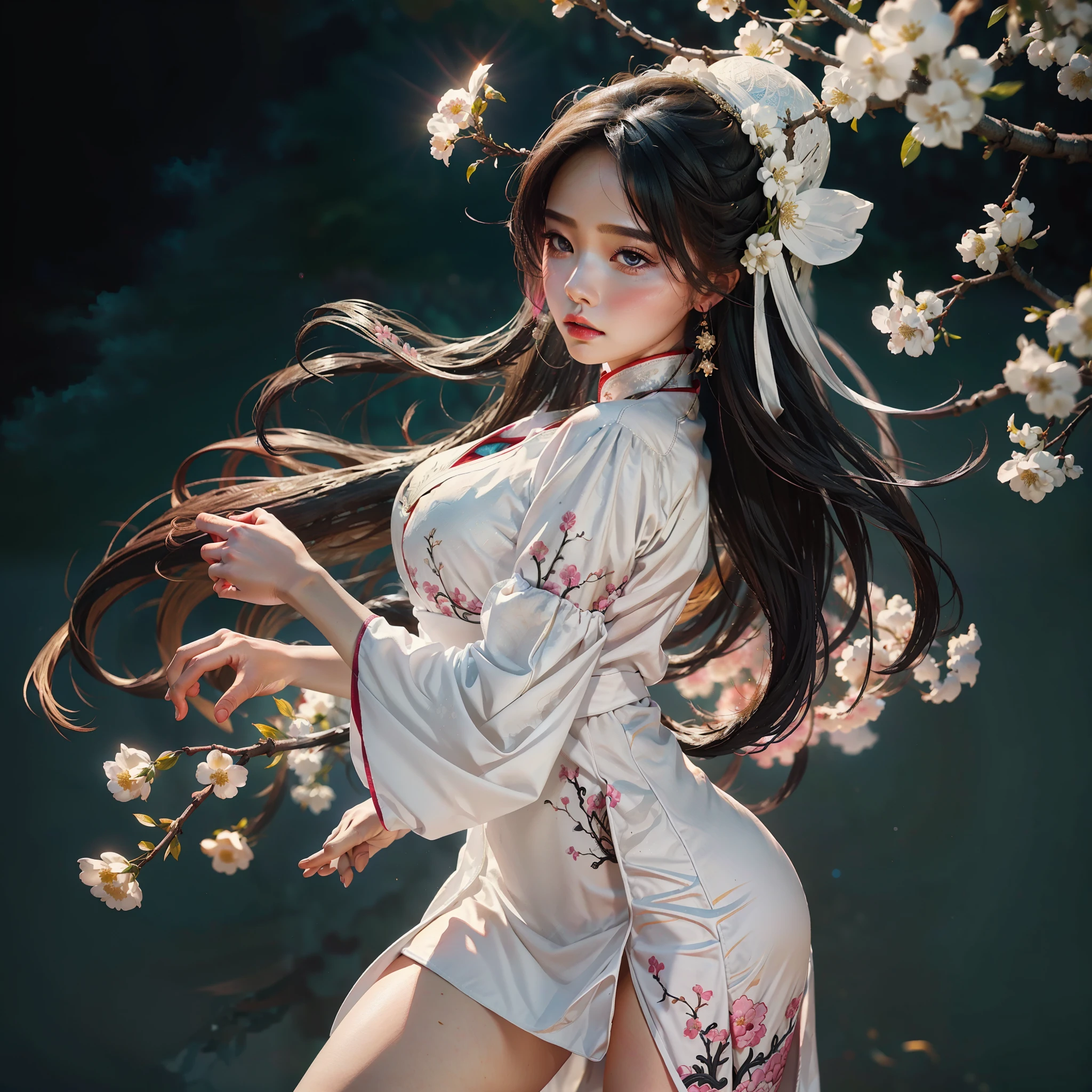 zhongfenghua, 1girl, (full body) solo, hanfu, flower field, blossom, (white smokes:1.3) (photorealistic:1.4), zentangle, mandala, entangle, official art, unity 8k wallpaper, ultra detailed, beautiful and aesthetic, masterpiece,best quality, (dynamic angle:1.4), glowing skin, (floating colorful sparkles:1) the most beautiful form of chaos, elegant, a brutalist designed, vivid colours, romanticism depth of field,