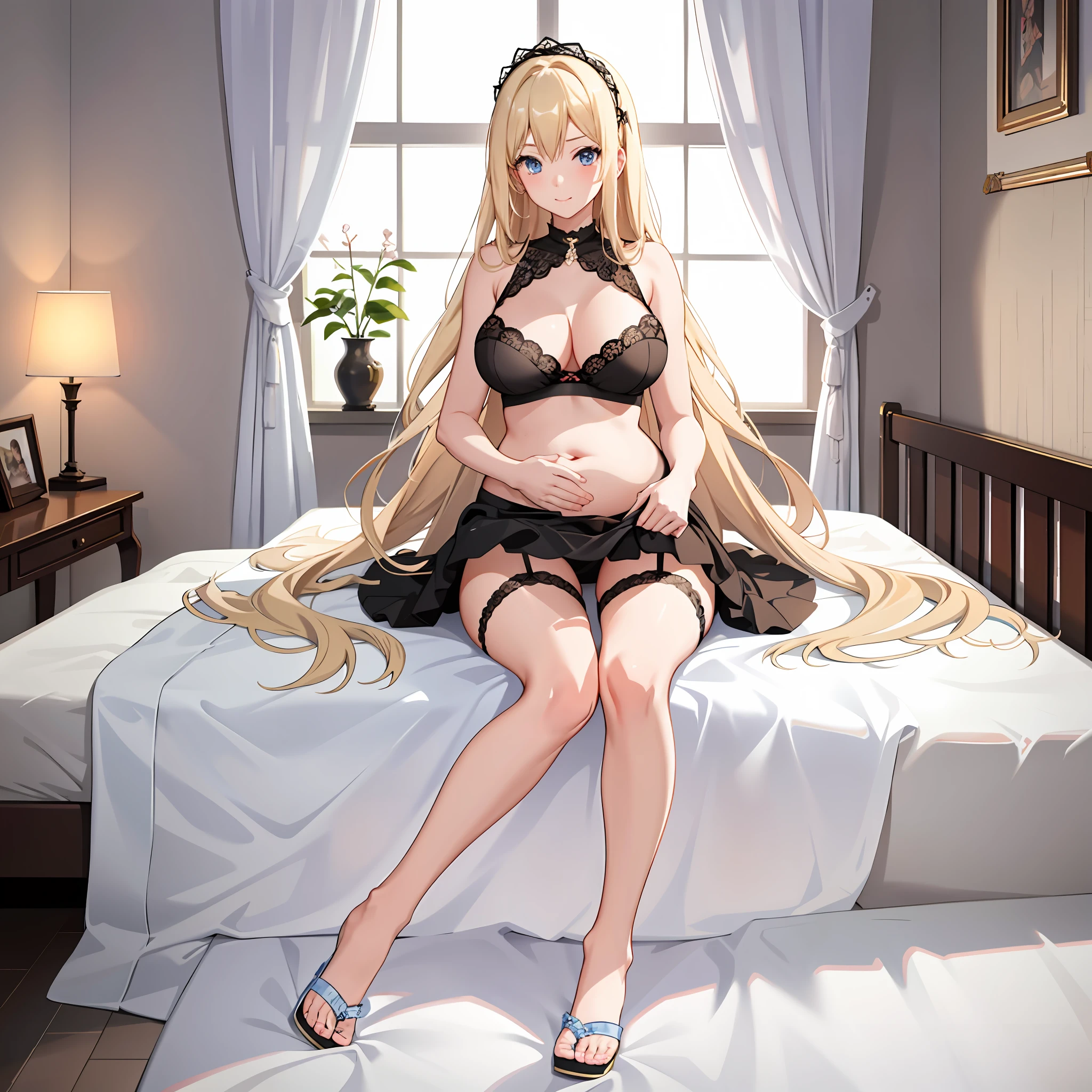 anime girl with long blond hair sitting on the bed, ecchi anime style, top rated on pixiv, cute, pregnancy, belly, big breasts, beautiful lingerie, perfect face, blue eyes, french maid, hand up lace skirt, view from under the skirt , blonde hair, black skirt, raised leg, domineering look, view between the legs, lace panties, panties visible, hands on the edges of the skirt, panties peeking out, view from the inside of the skirt, belly, lace underwear, panty view