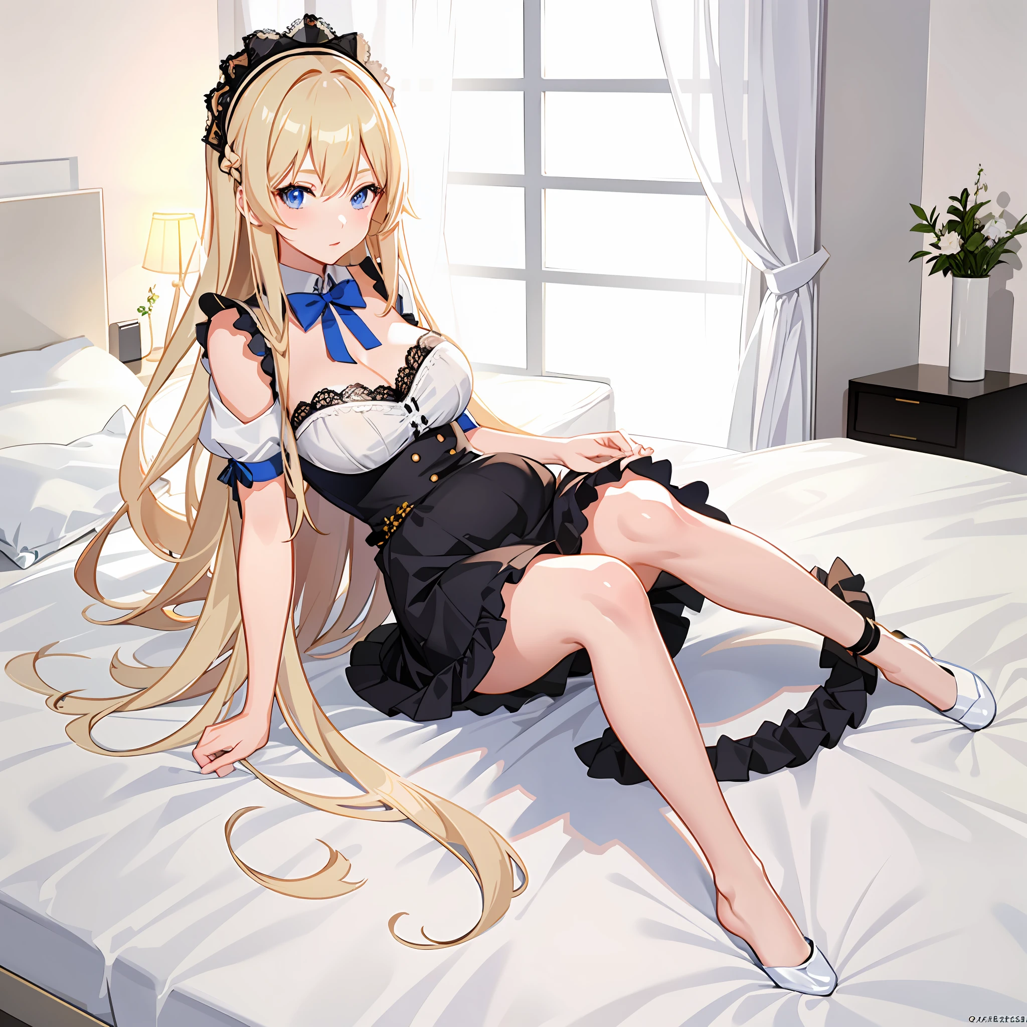 anime girl with long blond hair sitting on the bed, ecchi anime style, top rated on pixiv, cute, pregnancy, belly, big breasts, beautiful lingerie, perfect face, blue eyes, french maid, hand up lace skirt, view from under the skirt , blonde hair, black skirt, raised leg, domineering look, view between the legs, lace panties, panties visible, hands on the edges of the skirt, panties peeking out, view from the inside of the skirt, belly, lace underwear, panty view