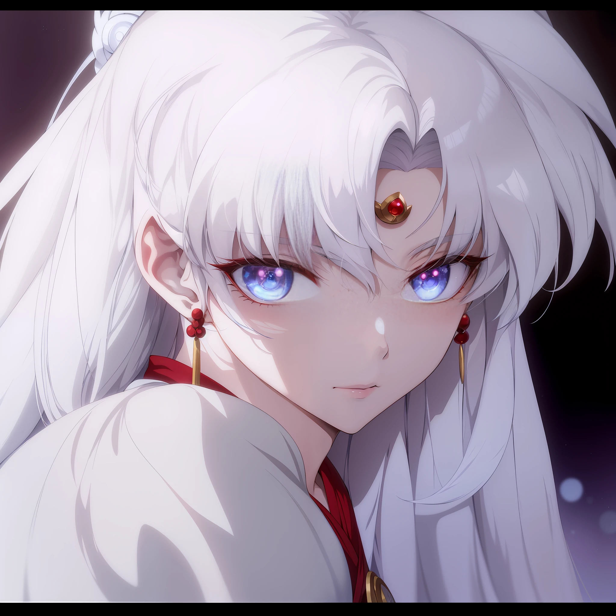 anime girl with white hair and blue eyes staring at the camera, inuyasha, white haired deity, griffith, white haired, princess 'kida' kidagakash, griffith from berserk, the goddess artemis smirking, anime screencaps, white-haired, 8k!, portrait knights of zodiac girl, loish |, beautiful!!!, with red glowing eyes