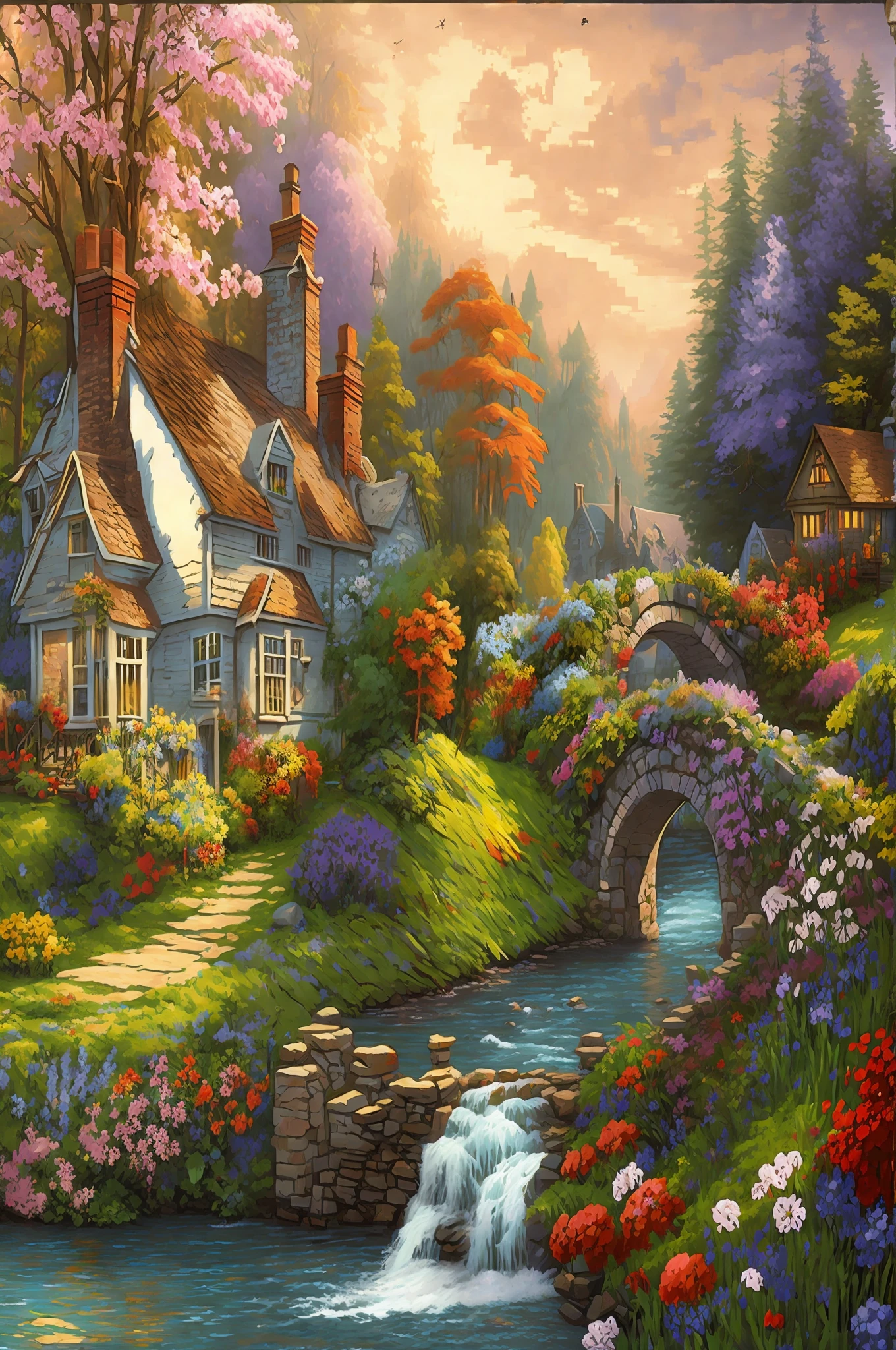 ((pixel art realistic stylization, masterpiece, best quality)), painting of cottage with bridge and flowers by the stream, Thomas Kinkade style, Thomas Kinkade style painting, Thomas Kinkade style, inspired by Thomas Kinkade, Thomas Kinkade style, dream landscape art, Thomas Kinkade painting, beautiful art UHD 4 K, background artwork, Thomas Kingcard CFG_Scale 9, landscape artwork, Kinkade