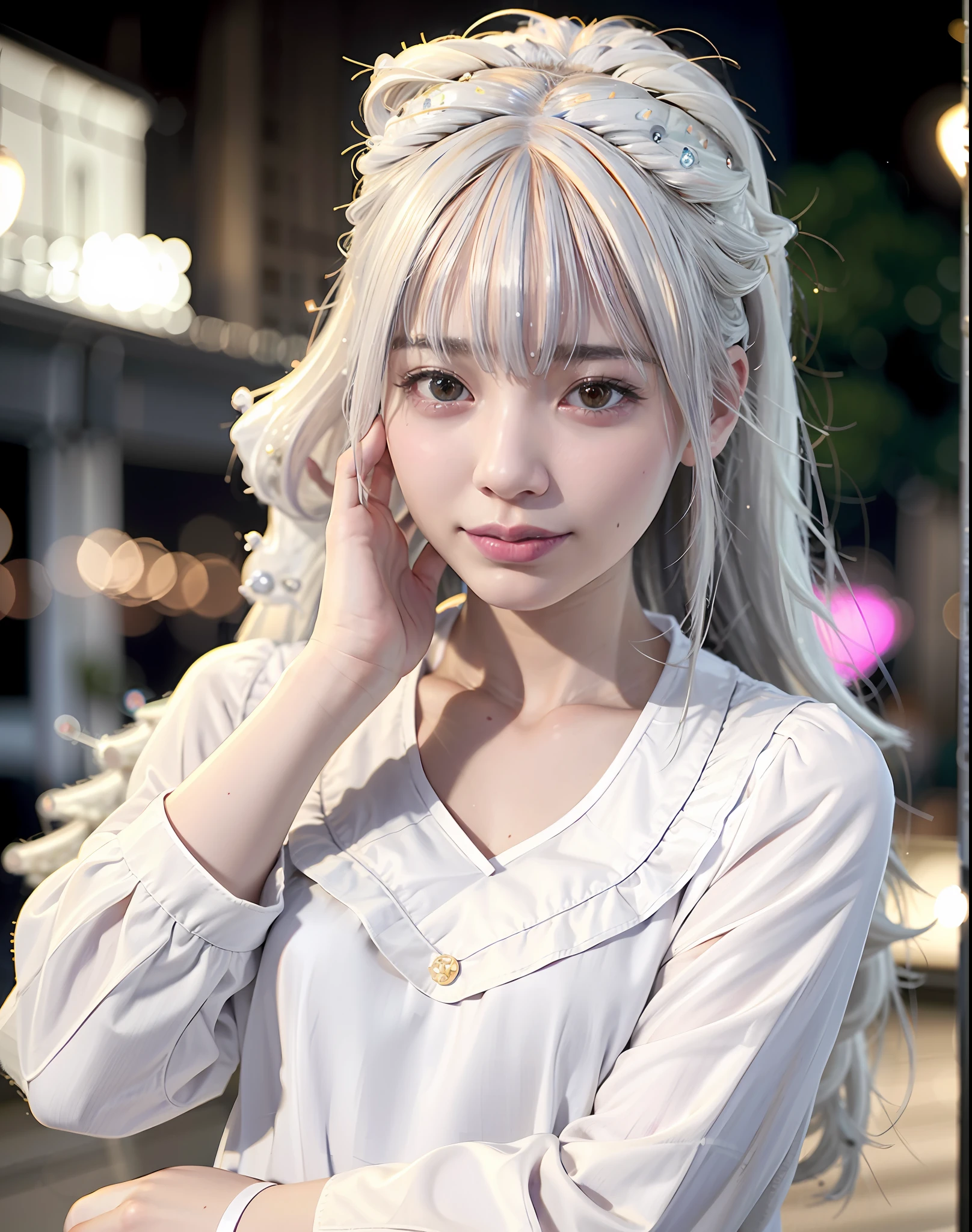 best quality, photorealistic, 8k, high res, 1girl, woman,(skindentation), (large breast), (professional lighting, bokeh), (street), (people, crowds:0.6), market, (night:1.2),(white hair:2.0), (blouse:1.5), (portait:0.6), gorgeous, bloom, (floating hair),(light particles, lens flare, glowing particles:0.6), (dynamic pose:1.2), soft lighting,