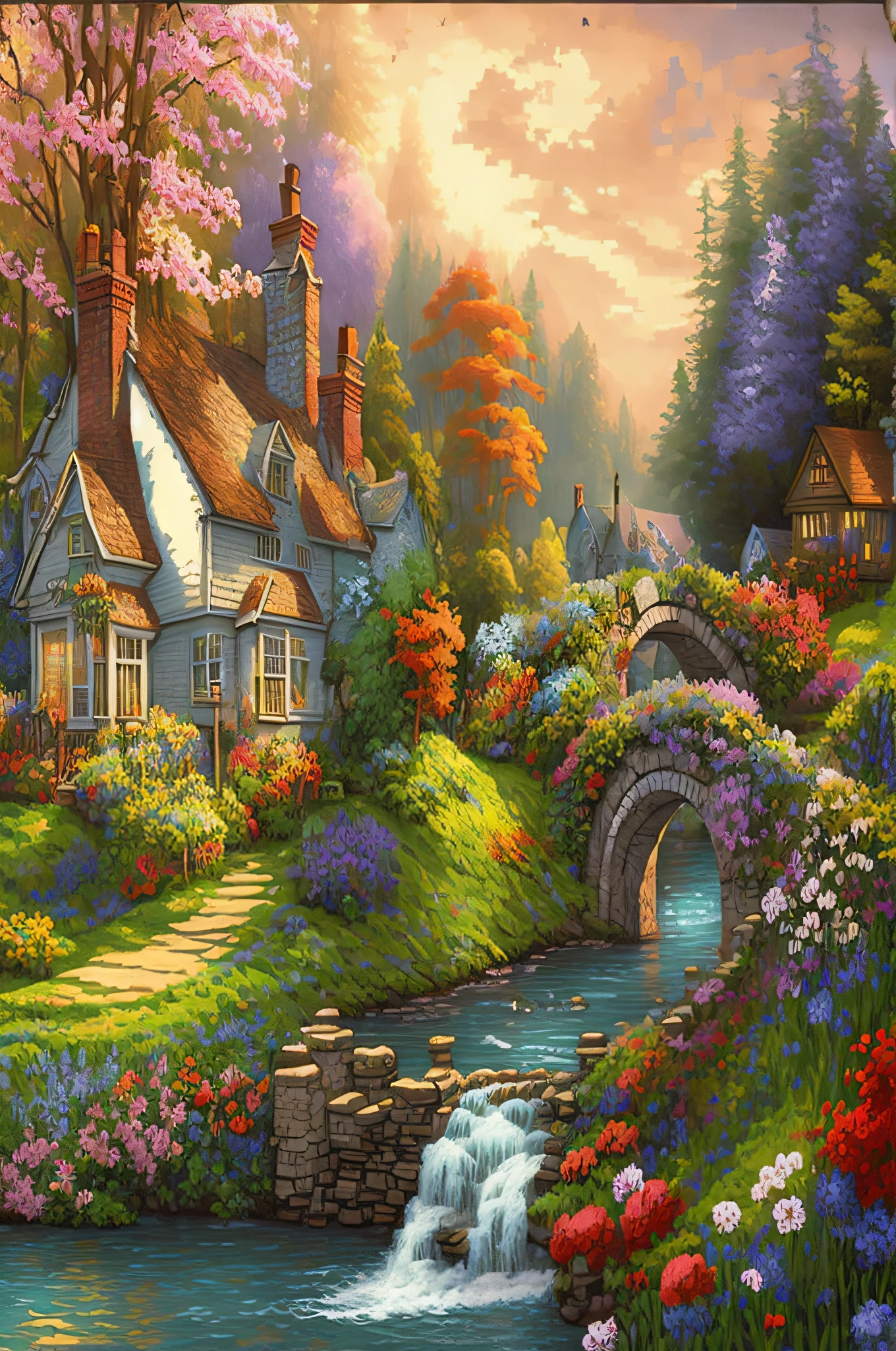 ((pixel art realistic stylization, masterpiece, best quality)), painting of cottage with bridge and flowers by the stream, Thomas Kinkade style, Thomas Kinkade style painting, Thomas Kinkade style, inspired by Thomas Kinkade, Thomas Kinkade style, dream landscape art, Thomas Kinkade painting, beautiful art UHD 4 K, background artwork, Thomas Kingcard CFG_Scale 9, landscape artwork, Kinkade