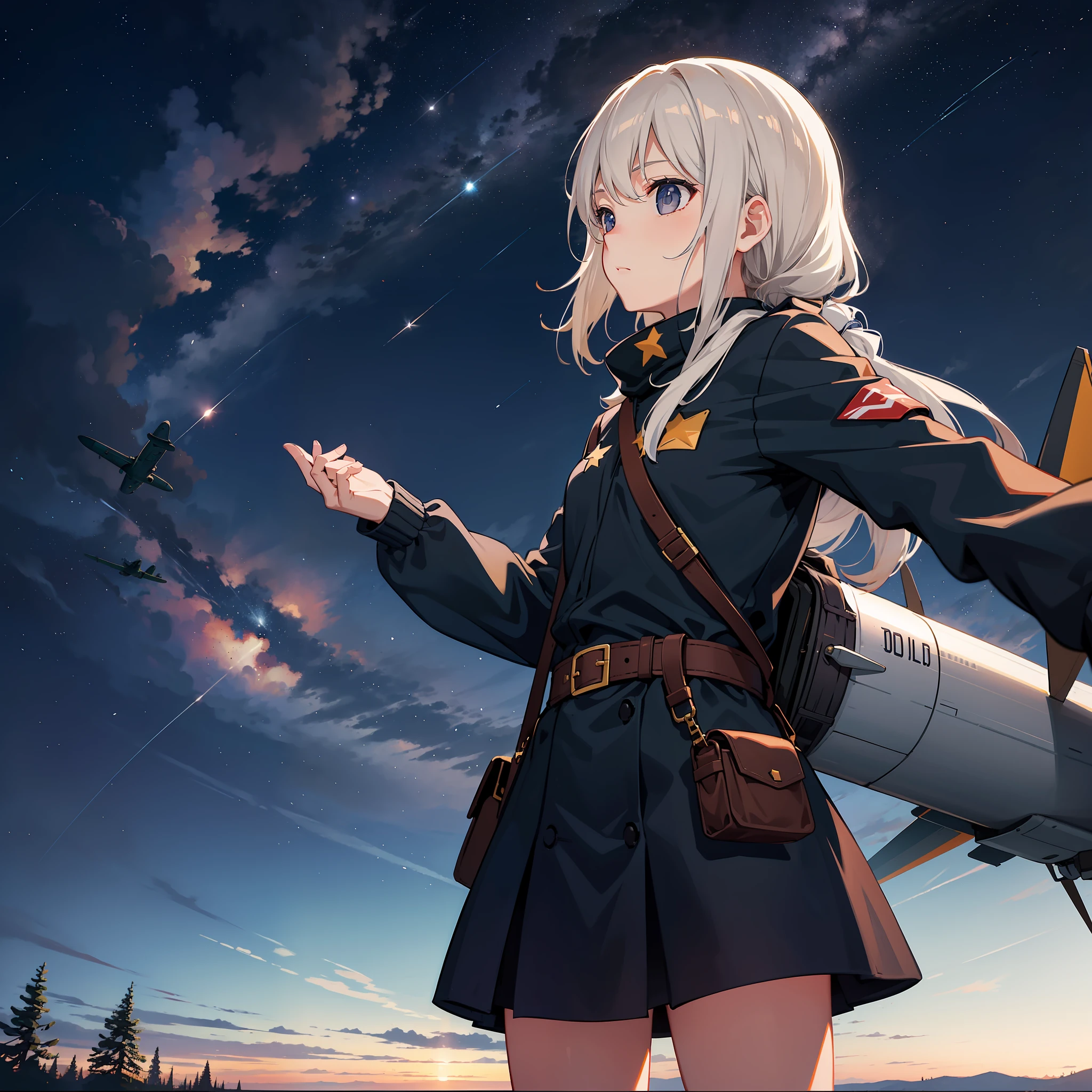 /girl, warplane, starry sky, leaning against a tree, plane flying by from a distance