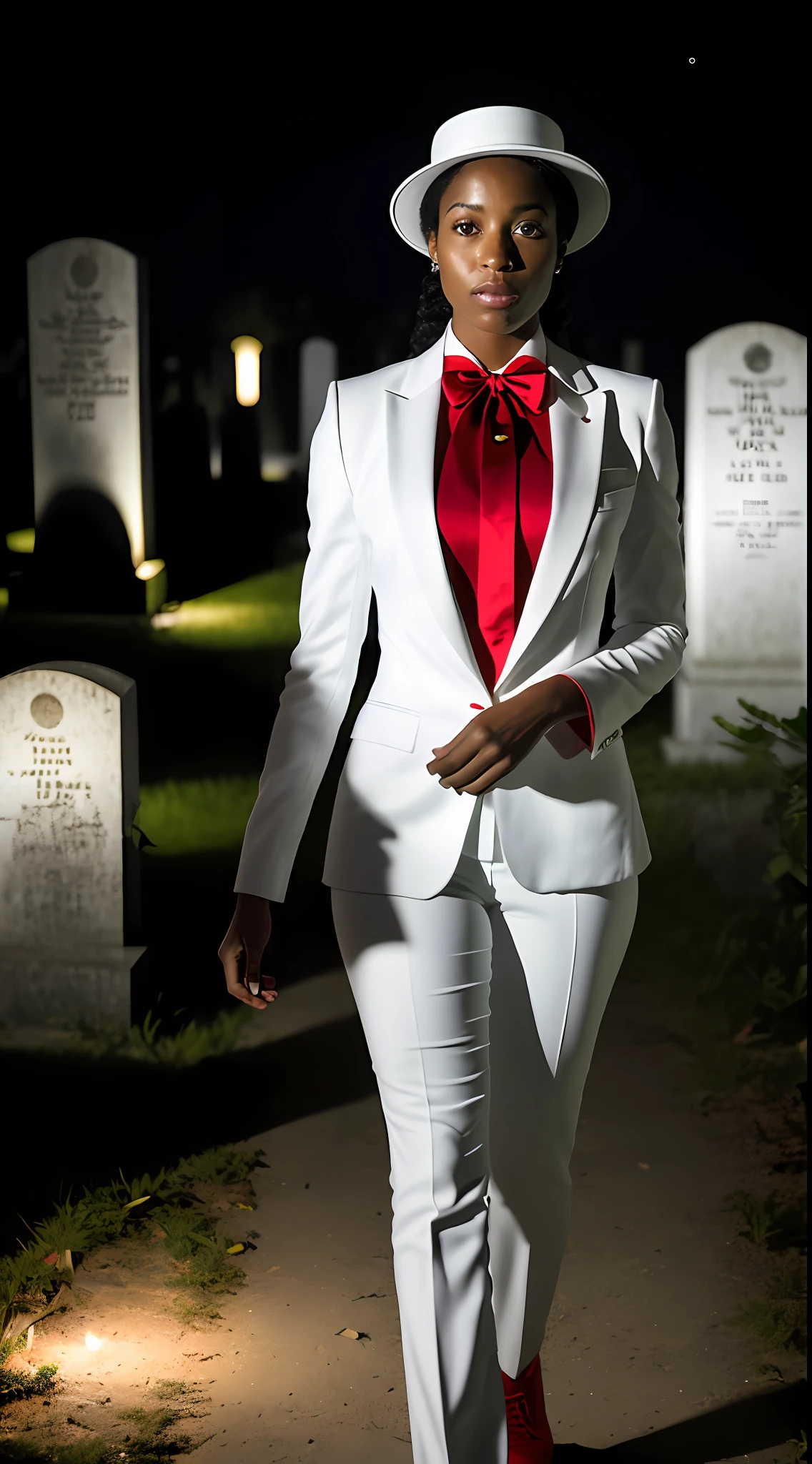 Half-body photo, a 30-year-old black woman, dressed in a white suit and red tie, with a white hat on her head, walking in the cemetery at night with the light of the full moon illuminating her steps. Ultra-realistic 8K, sharp focus, masterpiece, ultra-detailed face, camera looking, perfect eyes