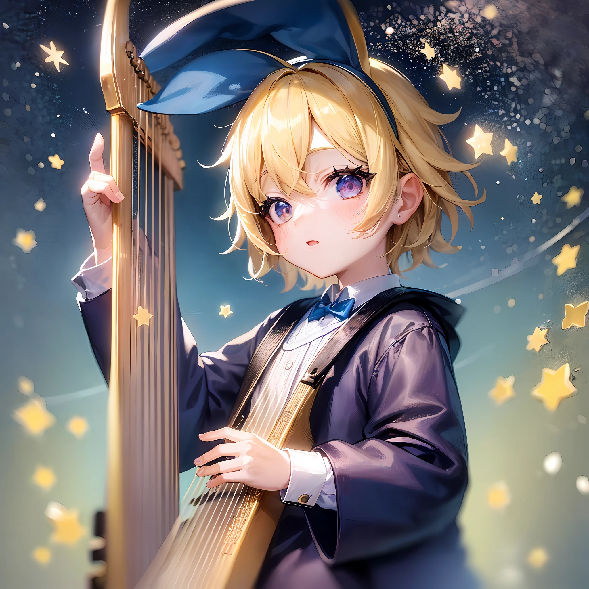 A playing the harp against the starry sky. Long rabbit ears, 3 years old,boyish shorthair, rabbit_ears, blue outfit, bright colors. High image quality