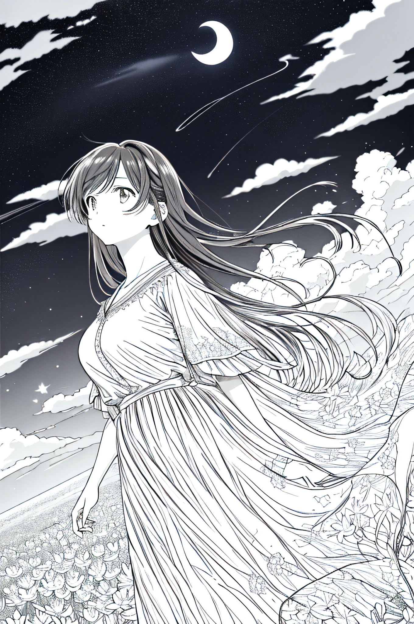 masterpiece, top quality, one girl, adjustment of clothes, Chizuru Mizuhara, big breasts, clouds, clouds, cloudy sky, crescent moon, flowers, glowing, glowing flowers, light particles, water lilies, long hair, looking viewer, park, street, sky, stars (sky), starry sky, wind, line art, monochrome,