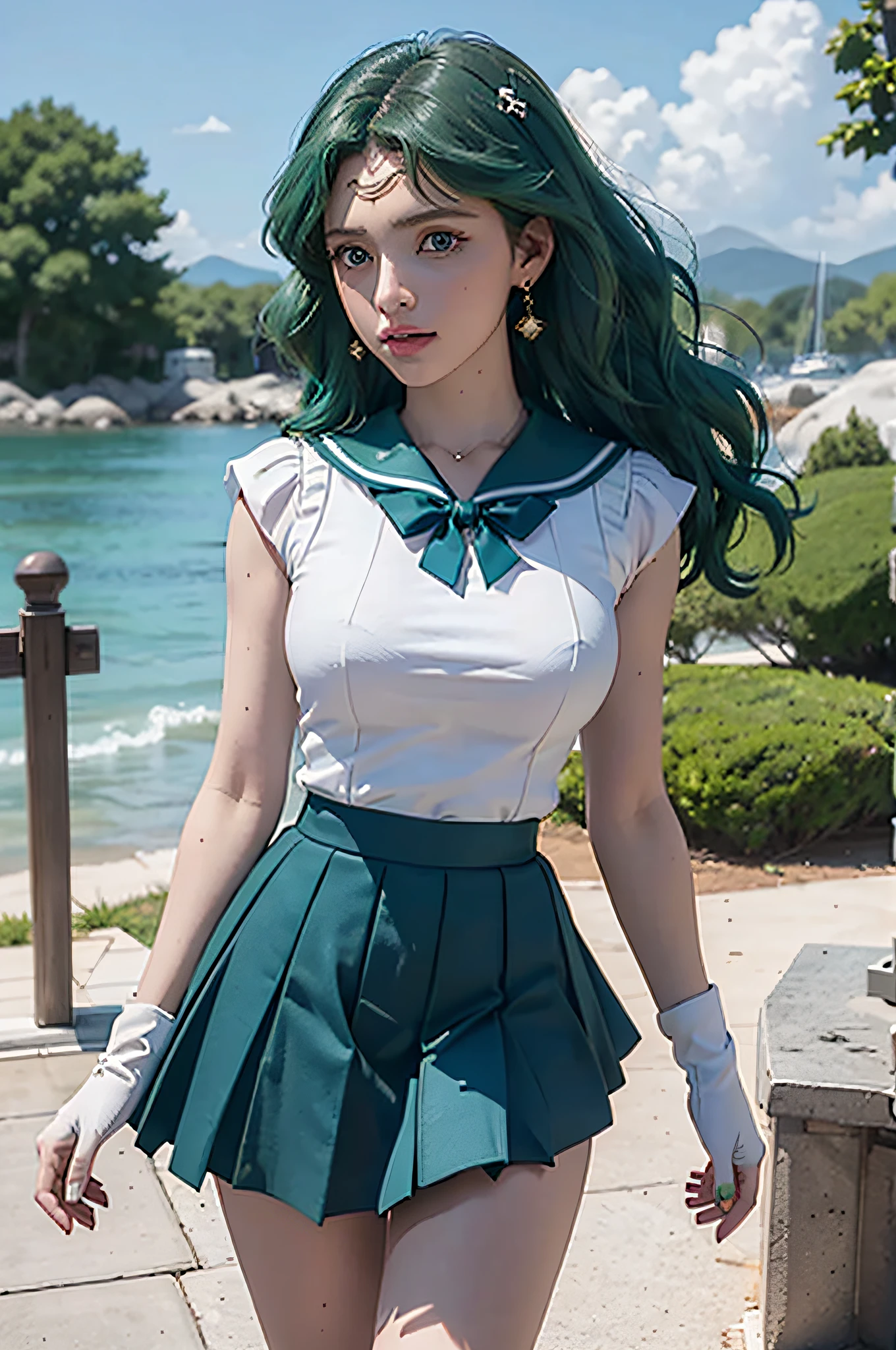 Masterpiece, 4k, super detailed, close-up, 1 girl, sailor Neptune, aqua blue eyes, dark green hair, medium hair, (sailor senshi uniform:1.1), pleading skirt, bow, dynamic pose, best quality, masterpiece, high resolution, intricate detail, (realistic)), photography, earrings, jewelry, white gloves, medium breasts, full body, white gloves, sailor collar