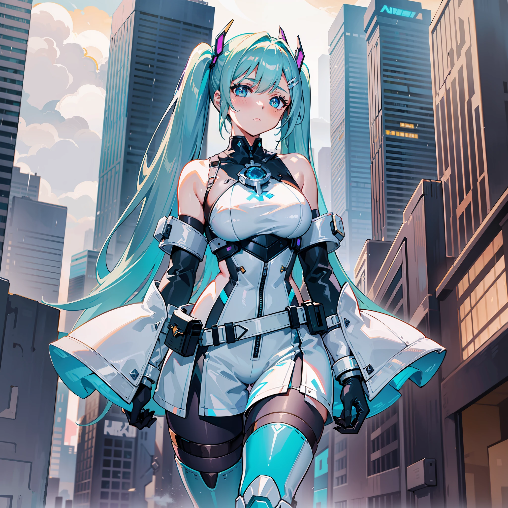 single girl,19 years old,well_developed curves,curvaceous_body,hourglass_figure,perspective,beautiful_face,high_quality_outfits,futuristic_outfits,silght_blush,full_body,sexy;

Purple hair,indigo hair tips,helix-shaped twintails,two fin-shaped white hairclips;gold_colored eyes eyes,amber_colored iris iris,cross-shaped white pupils,golden holographic eyeglsses;

Futuristic battlesuit,fitting body curves,white shoulder guards,white armored armguards with cyan decorations,black gloves white tanktop around breasts,black corset,aqua zipper,white waistband with four gadget holsters,white trimmed armor skirts,white shorts with aqua edge,white pantyhose,aqua gartener belt on left thigh,aqua waistband with gadget holsters;silver mechanic boots,heeled;

Cloudy sky in background,rainy weather,flying in air,calm expression,vigilat gaze