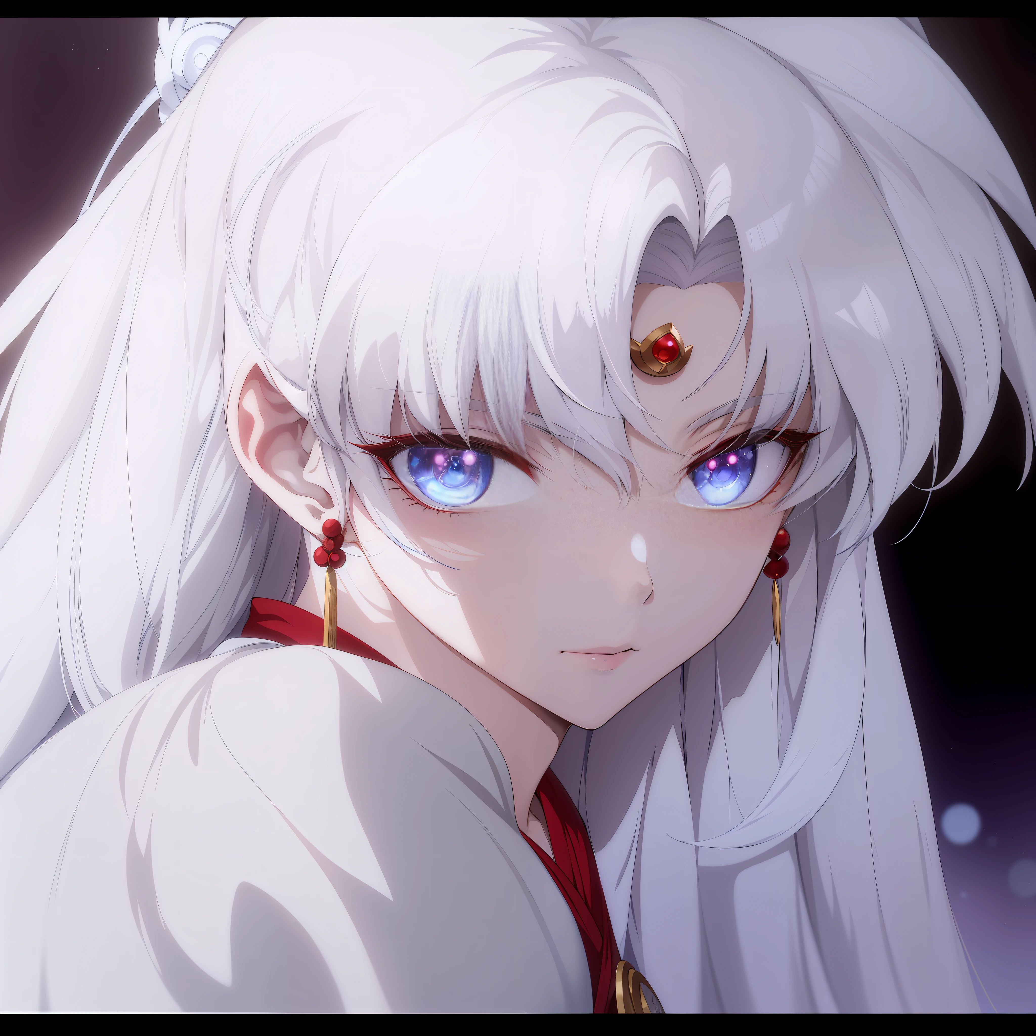 anime girl with white hair and blue eyes staring at the camera, inuyasha, white haired deity, griffith, white haired, princess 'kida' kidagakash, griffith from berserk, the goddess artemis smirking, anime screencaps, white-haired, 8k!, portrait knights of zodiac girl, loish |, beautiful!!!, with red glowing eyes