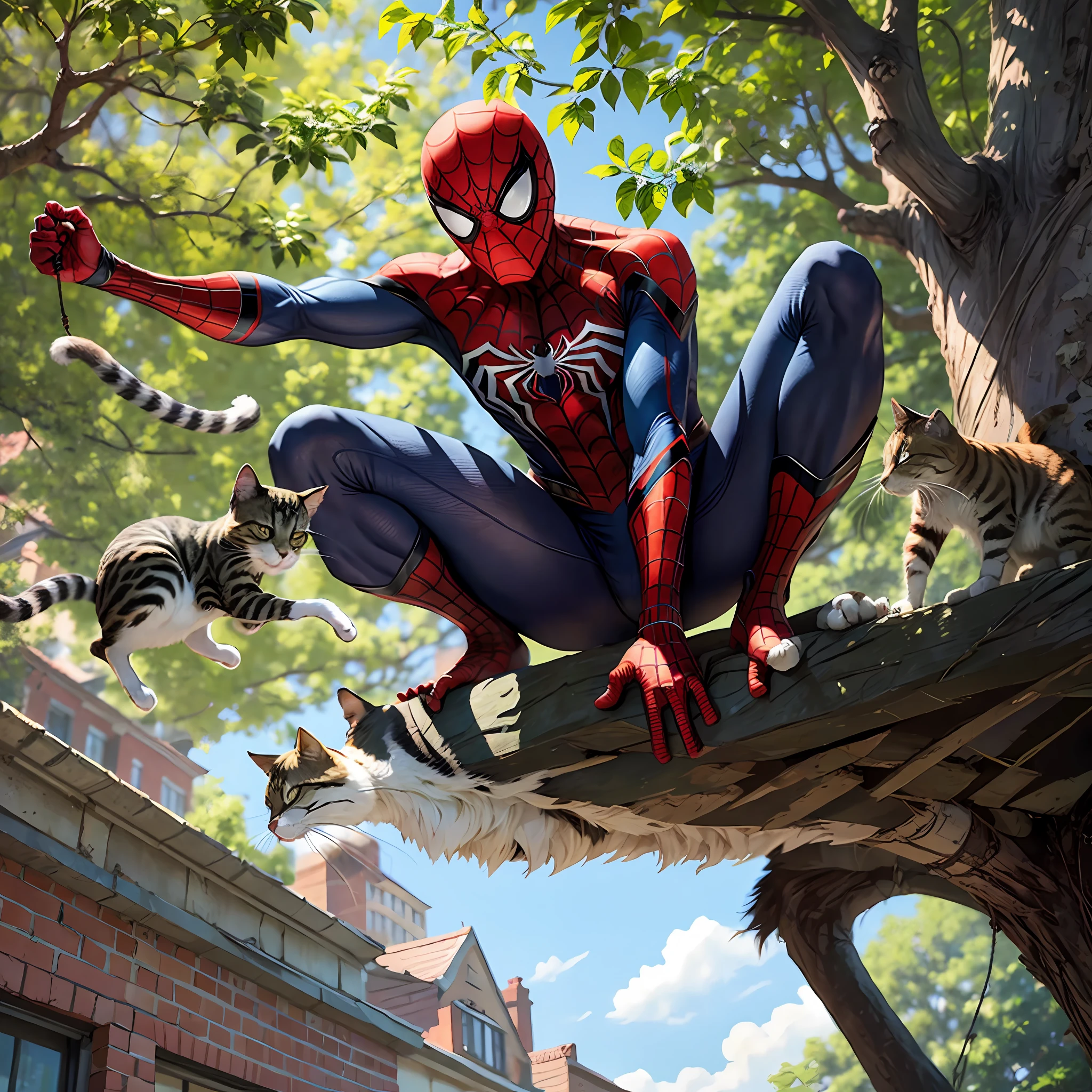Spiderman saving a cat from a tree, in a beautiful and sunny afternoon --auto --s2