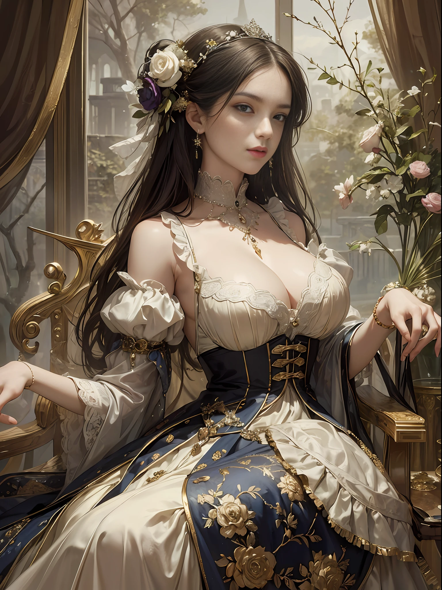 (Pure Color: 0.9), (Color: 1.1), (Masterpiece: 1,2), Top Quality, Masterpiece, High Resolution, Original, Highly Detailed Wallpaper, Beauty, Victorian, Dress, Melancholy, Big Breasts, Sepia Color, 40 years old --auto --s2