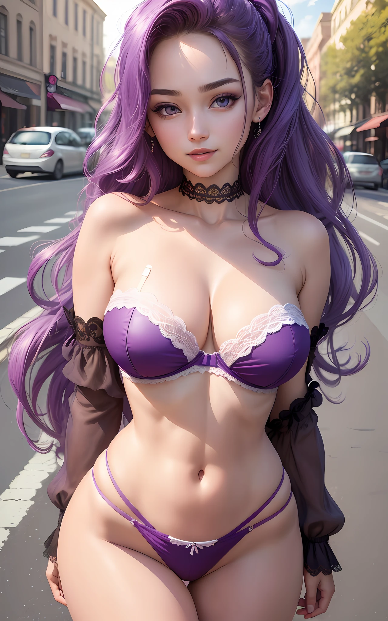 ((Best quality, 8k, Masterpiece :1.3)), 1girl, take selfie, closeup(head to ribs), smile, thin face, beautiful woman, 21 years old,defined body,breasts ((huge breasts:1.2)), (long hair(up to hip height),voluminous,wavy purple color),white lingerie(( strapless bra with lace,thong panties with color garters, stockings)), ultra-detailed face,  detailed eyes, purple colored eyes, double eyelid, blurred background, thin face, city, outside, street, sunny, sky, nature