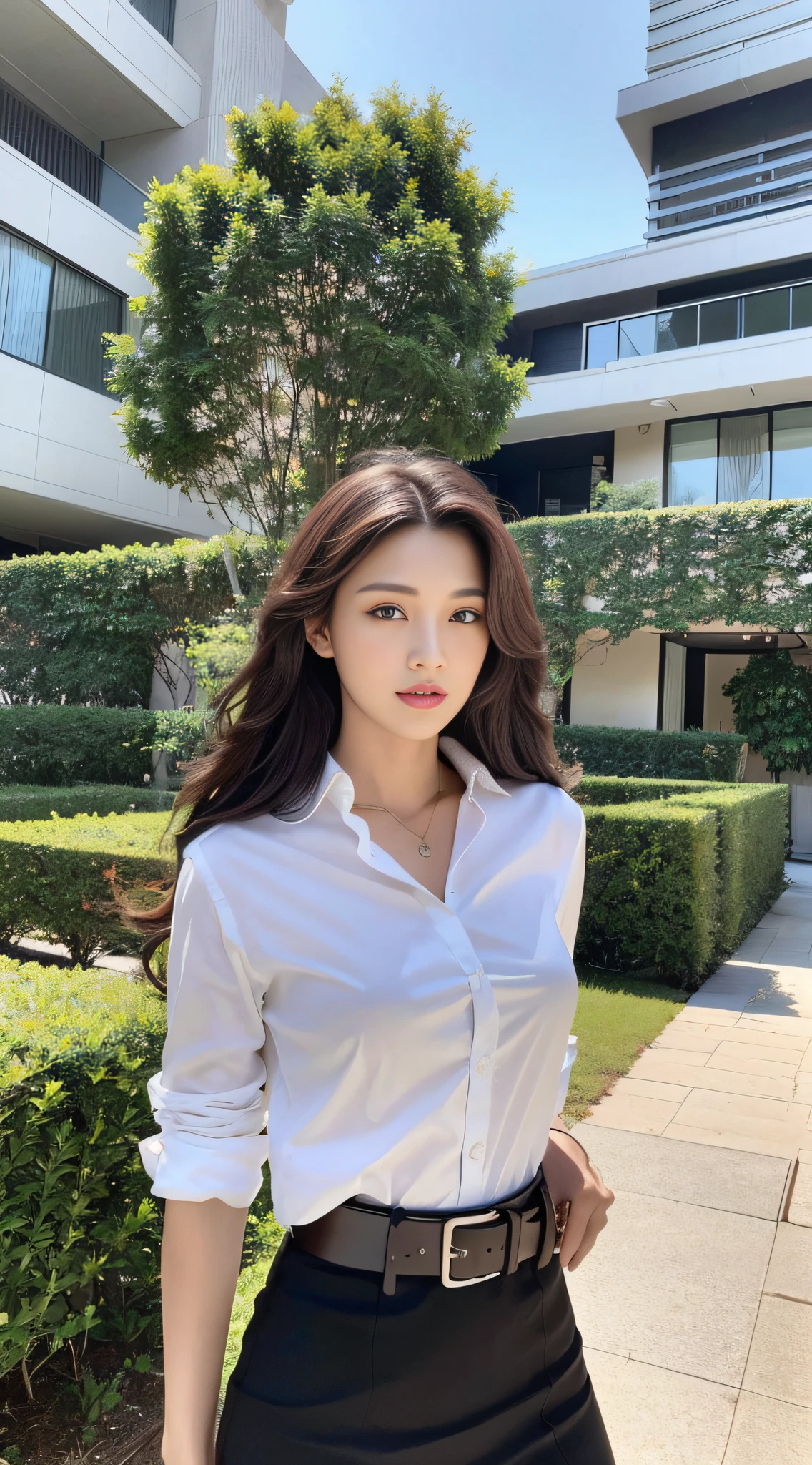 (Best quality, high resolution, masterpiece: 1.3), a tall and beautiful woman, full body, slender abs, dark brown hair in loose wavy styling, breasts, wearing pendants, white buttoned shirt, belt, black skirt, (modern architecture in the background), face and skin texture in beautifully presented details, detailed eyes, double eyelids
