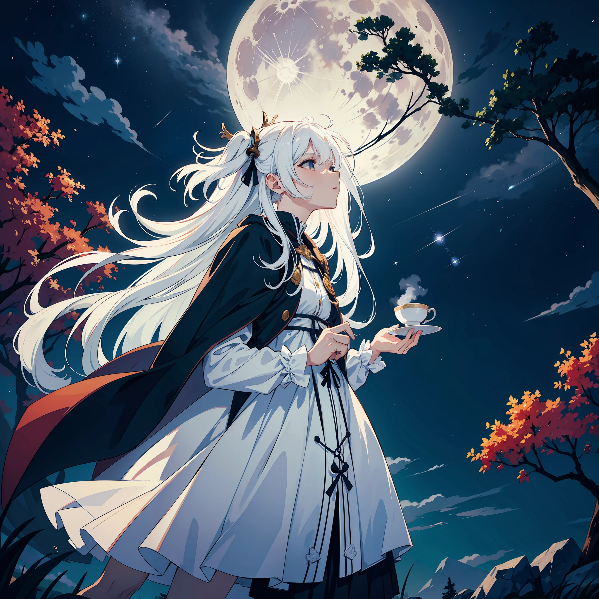/girl, (white hair 1.3), long hair, holding a teacup, leaning against a tree, looking up at the stars, full moon, clouds, night