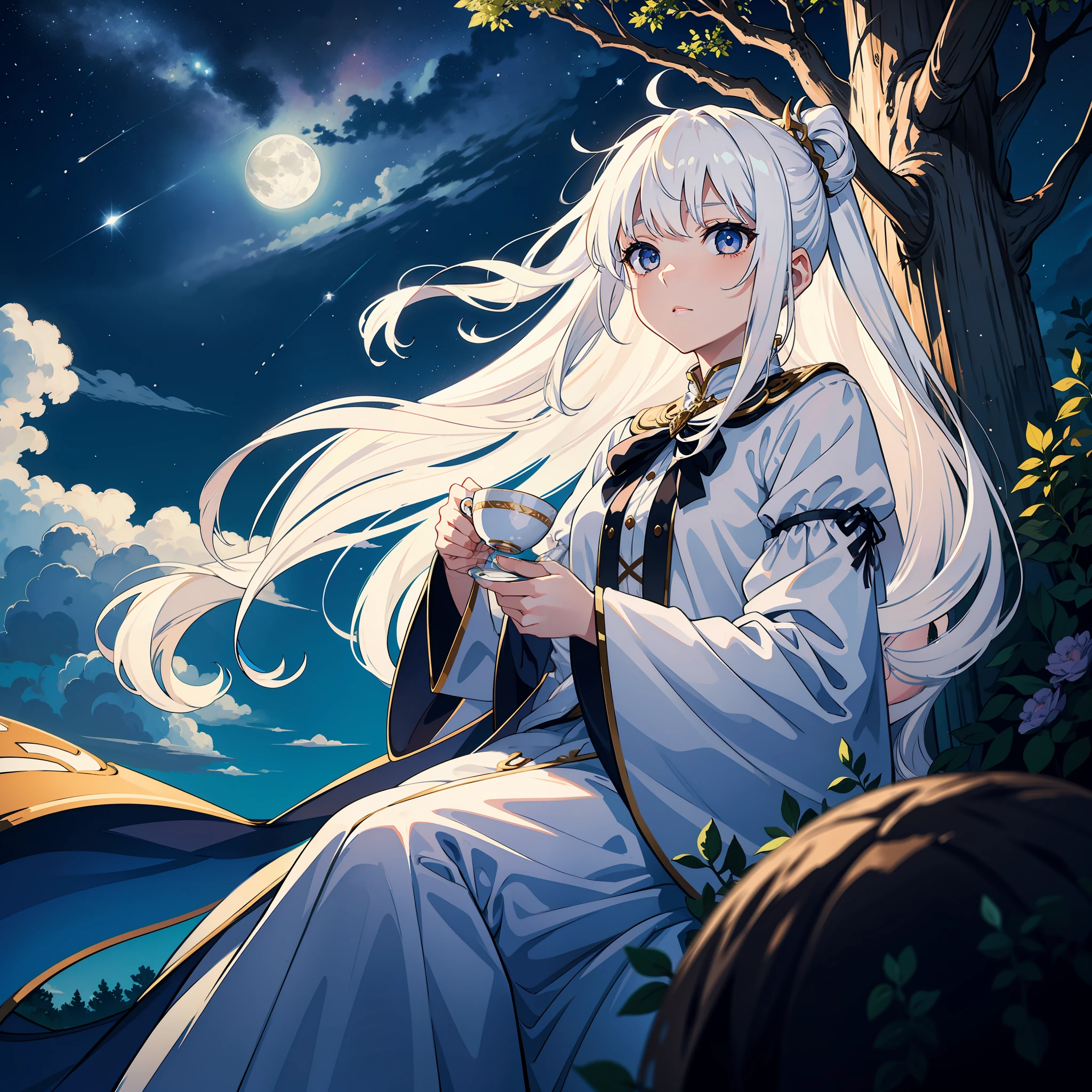 /girl, (white hair 1.3), long hair, holding a teacup, leaning against a tree, looking up at the stars, full moon, clouds, night
