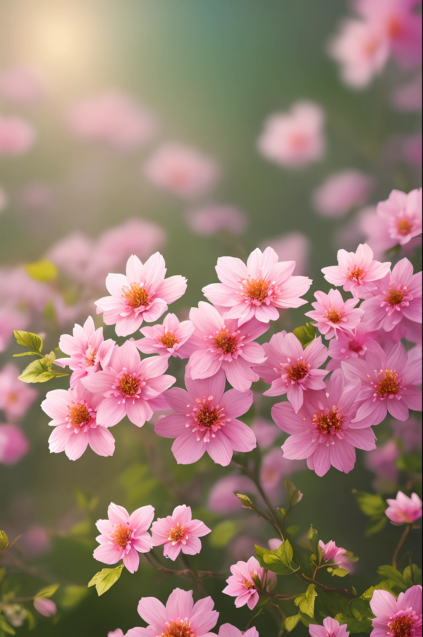 masterpiece, best quality, high quality, extremely detailed 8k wallpaper of the CG unit, a charming scene of flowers in soft shades of pink and white. The flowers are represented with delicate petals and soft textures, creating a romantic and feminine look. The background of the print is subtly decorated with small leaves and branches, adding a touch of elegance to the artistic season, digital illustration, intricate, trend, pastel colors, oil painting, award-winning photography, Bokeh, depth of field, HDR, flower, chromatic aberration, photorealistic, extremely detailed, trend in artstation, trend in CGsociety, intricate, high detail, dramatic, art in the middle of the journey