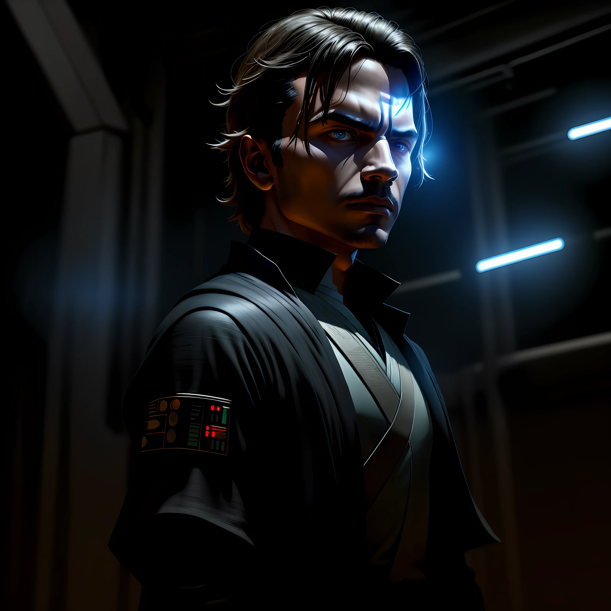 1 Star Wars-style man in an epic, futuristic background with dramatic lighting and deep shadows, wearing Jedi clothing, in a prominent and challenging pose."