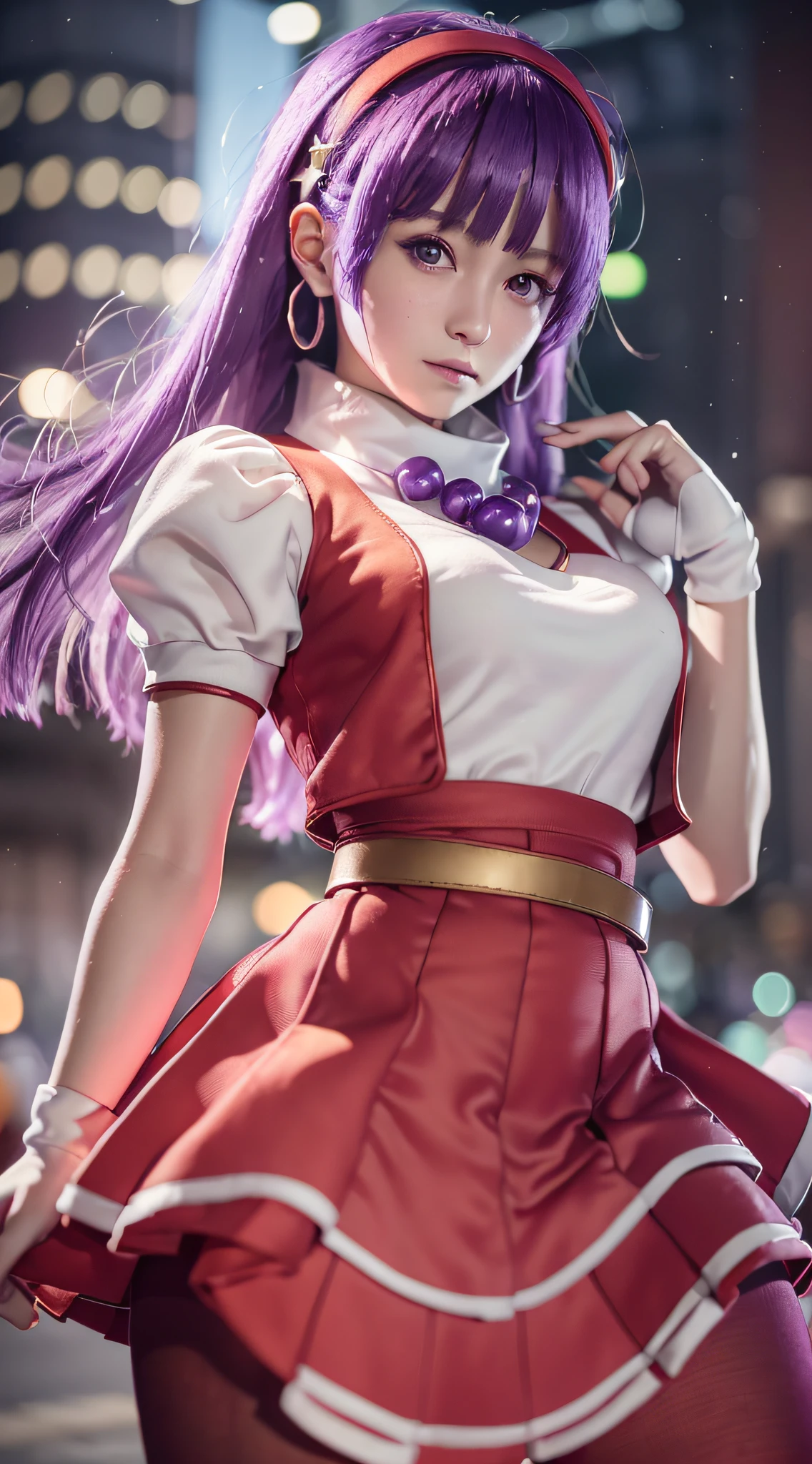 (8K,RAW photo, best quarity, masterpiece:1.2), cinematic light, (finely detailed face:1.2), (masterpiece:1.5), (best quality:1.2), (looking at viewer:1.2), (artstation:1.2), dramatic, epic realistic, super intricate details, detailed, [[rutkowski]], ( highly detailed CG wallpaper Unity 8k), popular on ArtStation, popular on CGSociety, Intricate, High Detail, Sharp focus, dramatic, photorealistic painting by Midjourney, (insanely detailed:1.5), Greg Rutkowski, ((detailed pupils)), (detailed face), ((cinematic look)), Extremely Sharp Lines, Realistic Photos, A Detailed Masterpiece, elegant, clear focus, Depth of field, Movie Wallpaper, Facial Focus, physically-based rendering, photon mapping, physically-based rendering, (((looking at camera))), (((bokeh (background))), golden time, athena97, 1girl, solo, purple eyes, purple hair, long hair, white earrings, red hairband, star hair ornament, medium breats, red vest, white turtleneck, white puffy sleeves, short sleeves, red pleated skirt, (deep red pantyhose:1.2), black pantyhose, yellow belt, purple sphere shape necklace, red fingerless gloves, white short socks, red shoes,(sweet face of 16-years-old girl:1.1),smiling, In the neon district of Akihabara at night, very big cute eye