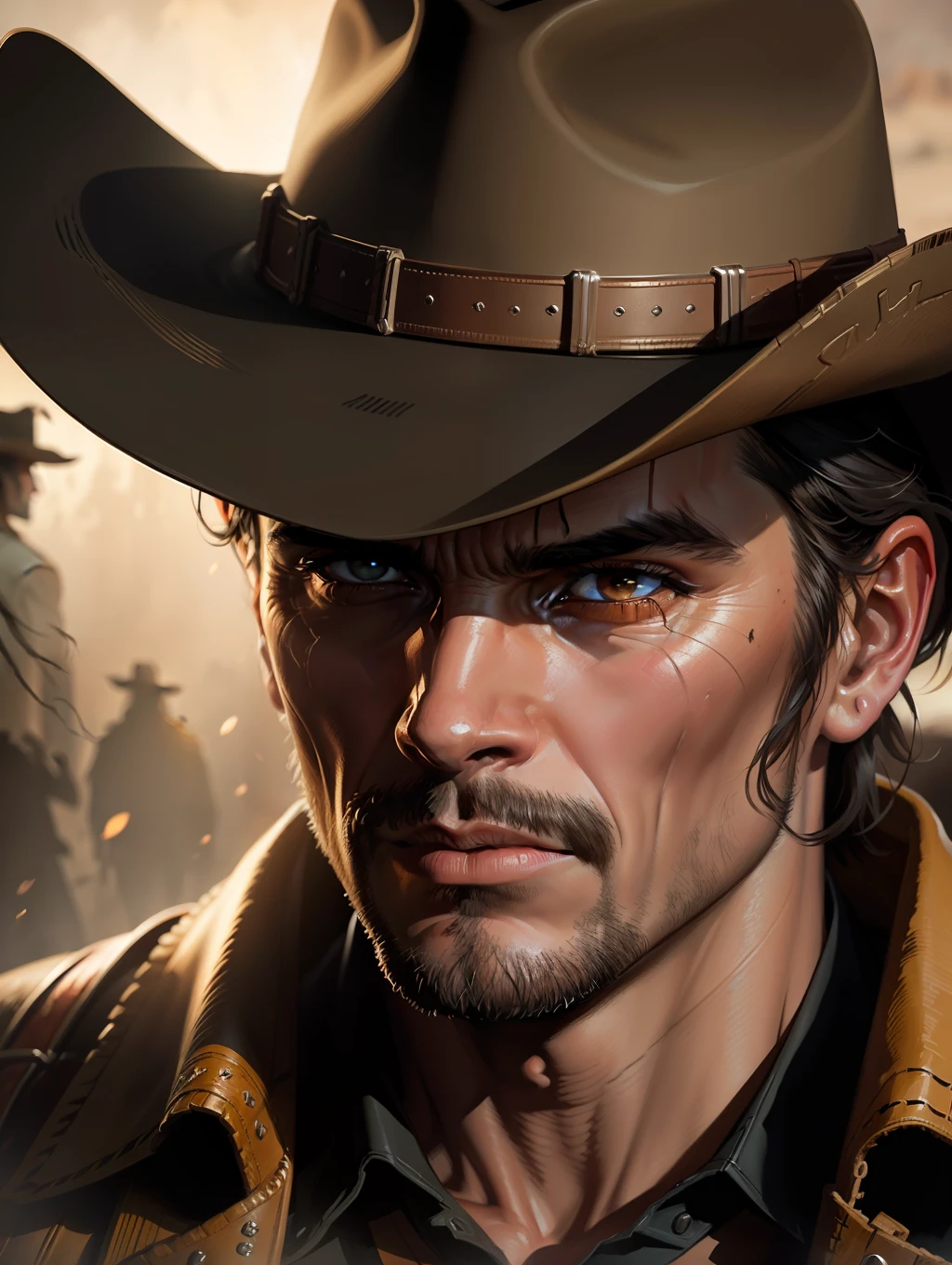 Ultra Extreme close-up to a face of a cowboy dramatic style of Frank McCarthy, iconic Western movie poster, cinematic lighting