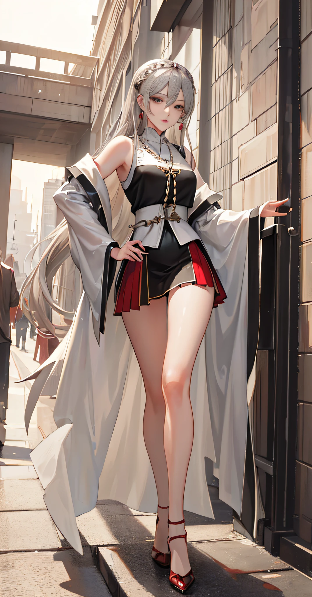1 girl, beautiful, realistic, (gray hair: 1.5), ridiculously long hair, very long hair, delicate pattern, sexy, red pleated skirt, charming, sexy, slender legs,than straight legs, white high heels,hair accessory, necklace, earrings, long gray hair, mercy, (rich: 1.4), surrealism 8k CG, picture perfect face, flawless, clean, masterpiece, professional art, famous art, movie lighting, cinematic bloom, perfect face, beautiful face, beautiful eyes, (perfect female body, narrow waist), (Urzang-6500:1.6)