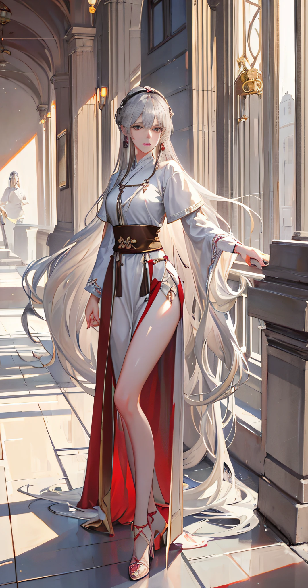 1 girl, beautiful, realistic, (gray hair: 1.5), ridiculously long hair, very long hair, delicate pattern, sexy, red pleated skirt, charming, sexy, slender legs,than straight legs, white high heels,hair accessory, necklace, earrings, long gray hair, mercy, (rich: 1.4), surrealism 8k CG, picture perfect face, flawless, clean, masterpiece, professional art, famous art, movie lighting, cinematic bloom, perfect face, beautiful face, beautiful eyes, (perfect female body, narrow waist), (Urzang-6500:1.6)