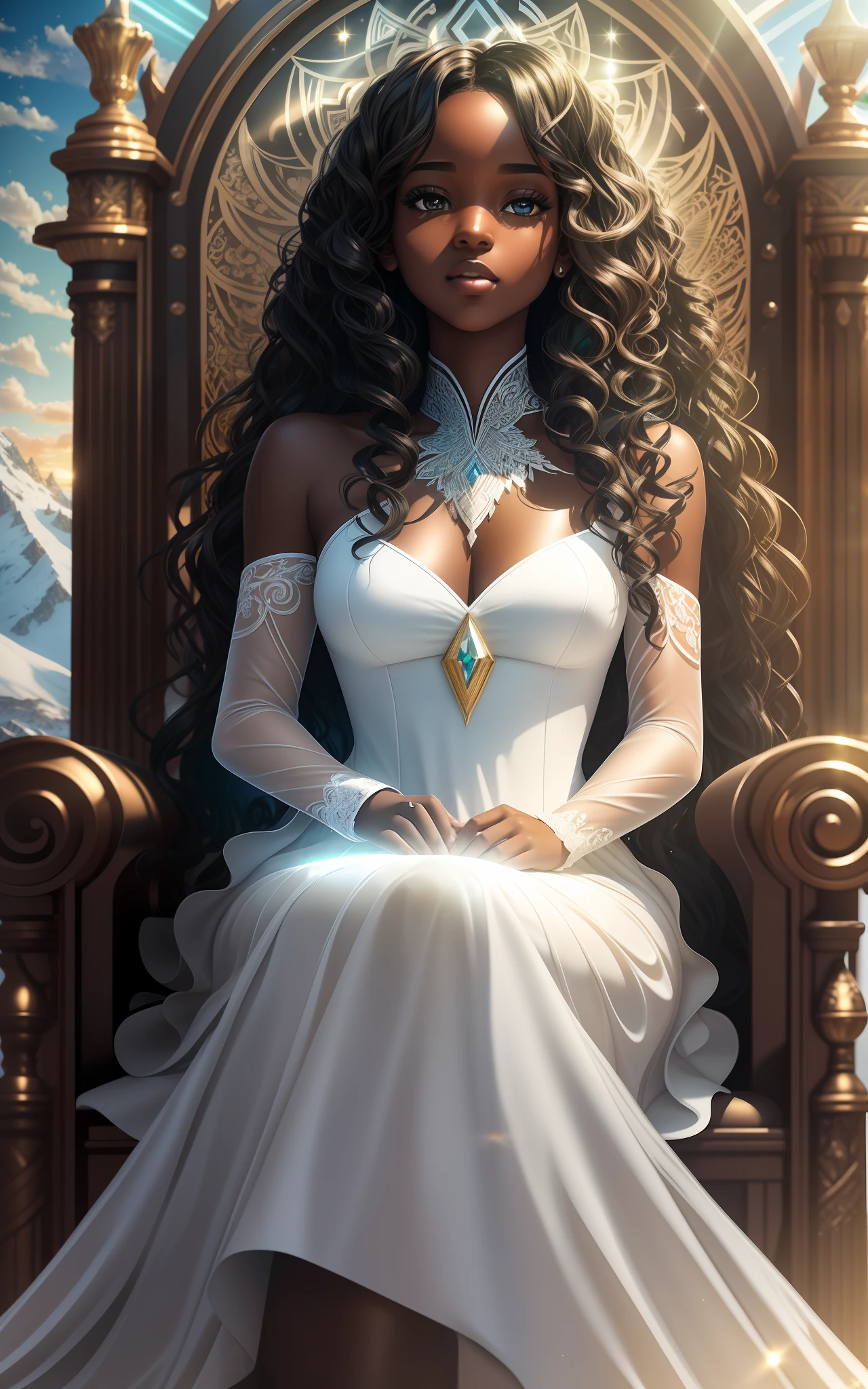 award winning 64k concept art of (black 1girl:1.2) in white majestic dress sitting on the throne in the mountains, posing, epic, god rays, centered, (masterpiece:1.2), (best quality:1.2), Amazing, highly detailed, beautiful, finely detailed, warm soft color grading, Depth of field, extremely detailed 8k, fine art, stunning, iridescent, shiny, (light reflections:1.2), (crisp:1.5), curls, wind, vibrant, sunlit, (edge detection:1.2), absurdres, infinite