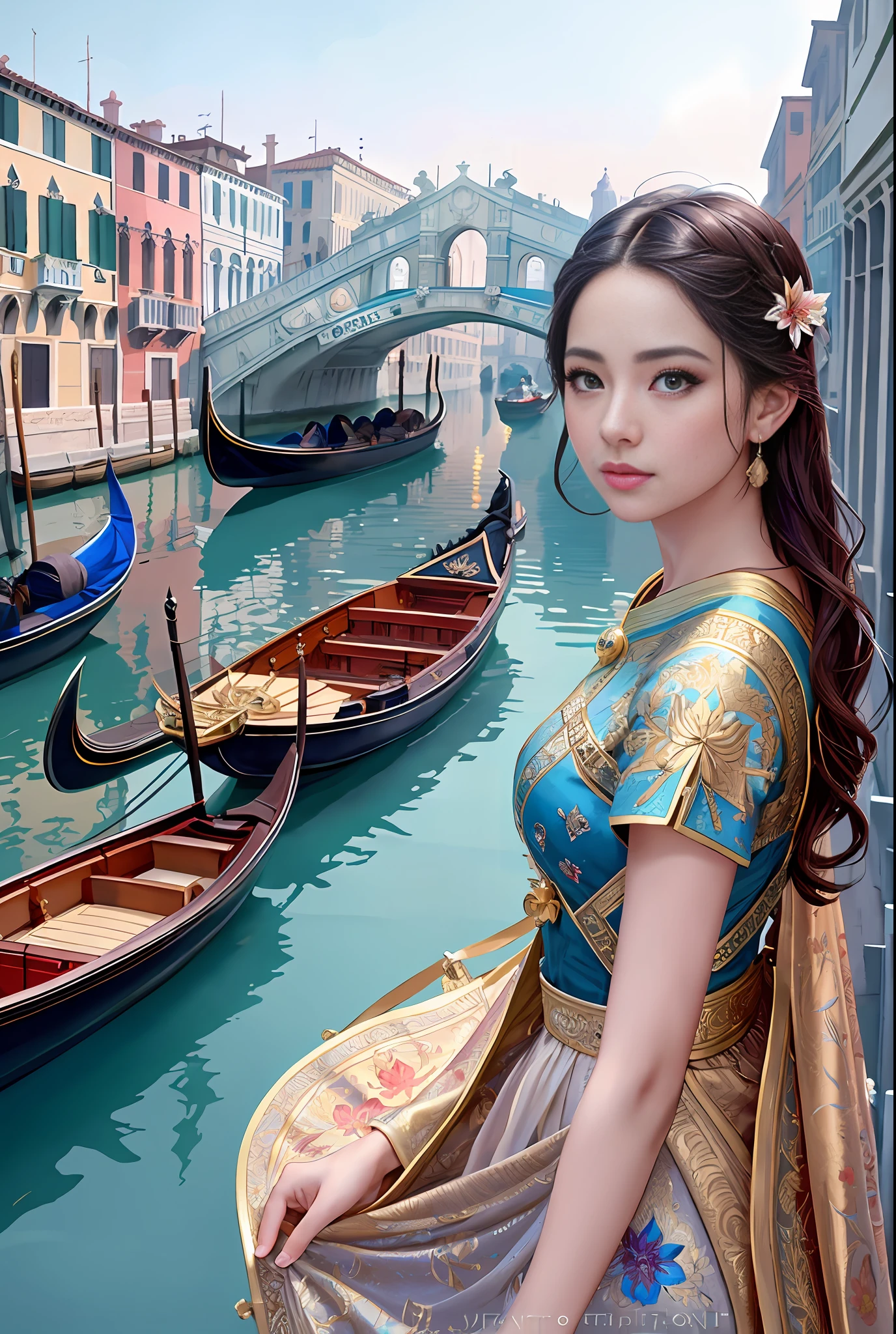 &quot;((masterpiece)), modelshoot style, (extremely detailed CG unity 8k wallpaper), full shot body photo of the most beautiful artwork in the world, stunningly beautiful photo realistic cute women,a hyper realistic ultra detailed photograph of a beautiful girl as a female 2020s dancer on the boat of 2020s Venice,(Bridge Of Sighs background),(princess eyes,shiny pupils), detailed symmetric beautiful hazel eyes, detailed gorgeous face,highly detailed, vibrant,professional majestic oil painting by Ed Blinkey, Atey Ghailan, Studio Ghibli, by Jeremy Mann, Greg Manchess, Antonio Moro, trending on ArtStation, trending on CGSociety, Intricate, High Detail, Sharp focus, dramatic, photorealistic painting art by midjourney and greg rutkowski