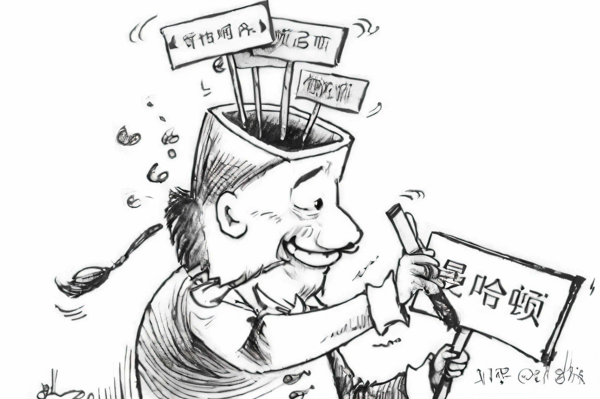 cartoon of a man with a sign and a sign post in his head, by Yan Hui, hobbithead, by Wang Yi, caricature, cartoon, chinese brush pen illustration, by Qu Leilei, cartoon image, a cartoon, political cartoon, intelligent man, concept piece, by Wang Hui, by Chen Hongshou, by Wen Zhenheng, illustration]