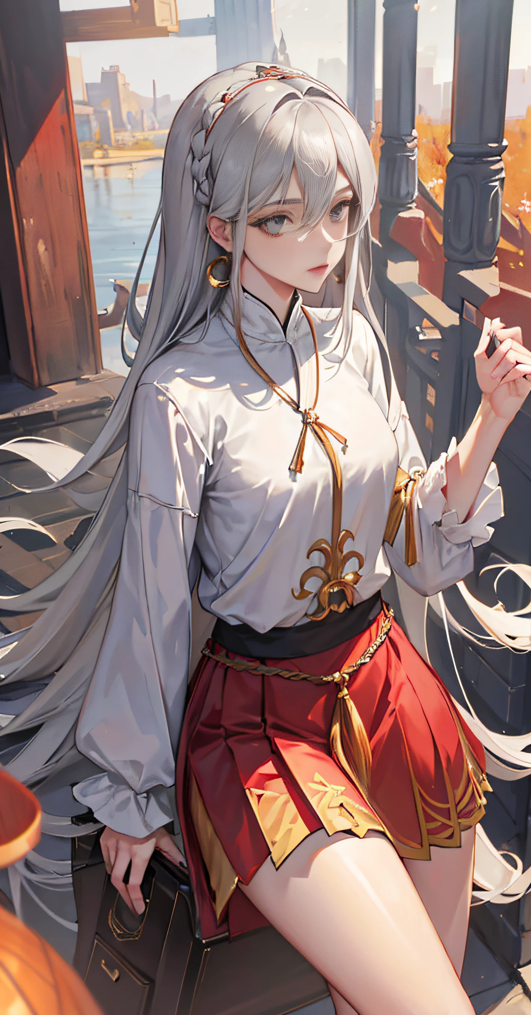 1 girl, beautiful, realistic, (gray hair: 1.5), ridiculously long hair, very long hair, delicate pattern, sexy, red pleated skirt,charming, sexy, slender legs than straight legs, hair accessories, necklace, earrings, long white hair, mercy, (rich: 1.4), surrealism 8k CG, picture perfect face, flawless, clean, masterpiece, professional art, famous art, movie lighting, cinematic bloom, perfect face, beautiful face, beautiful eyes, (perfect female body with narrow waist), (Urzang-6500:1.6)
