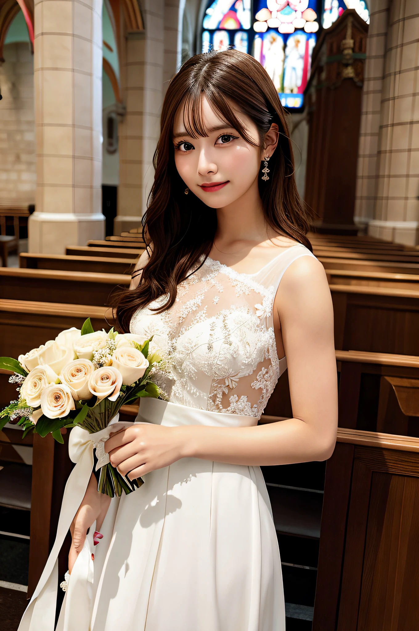(best quality), masterpiece, (photo realistic:1.5), 8k quality, 1 beautiful girl, full body, big breasts, dark brown hair, brown eyes, front, detailed face, beautiful eyes, looking at viewer, smile, BREAK, wearing see-through wedding dress, one shoulder dress, standing in a beautiful church, holding a bouquet with both hands, 18 years old, (ulzzang-6500-v1.1:0.1)