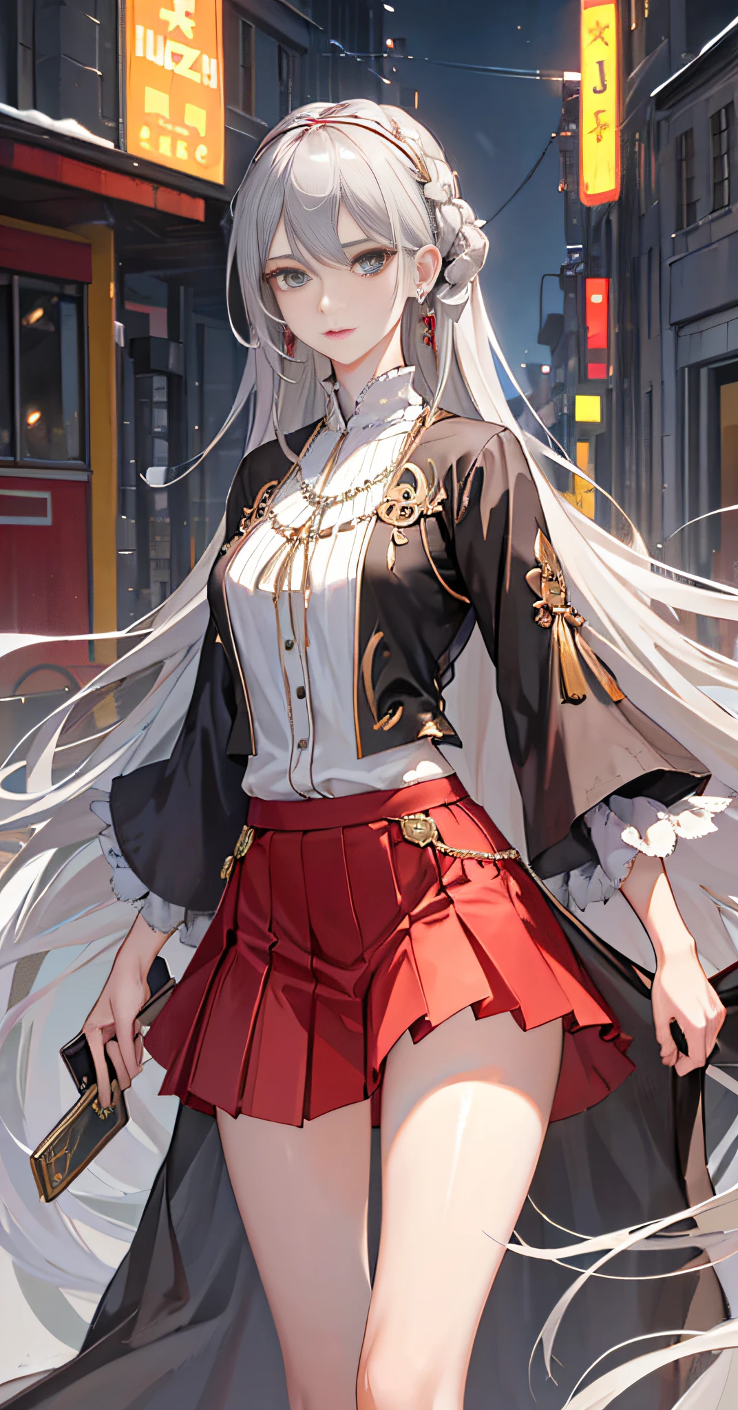 1 girl, beautiful, realistic, (gray hair: 1.5), ridiculously long hair, very long hair, delicate pattern, sexy, red pleated skirt,charming, sexy, slender legs than straight legs, hair accessories, necklace, earrings, long white hair, mercy, (rich: 1.4), surrealism 8k CG, picture perfect face, flawless, clean, masterpiece, professional art, famous art, movie lighting, cinematic bloom, perfect face, beautiful face, beautiful eyes, (perfect female body with narrow waist), (Urzang-6500:1.6)