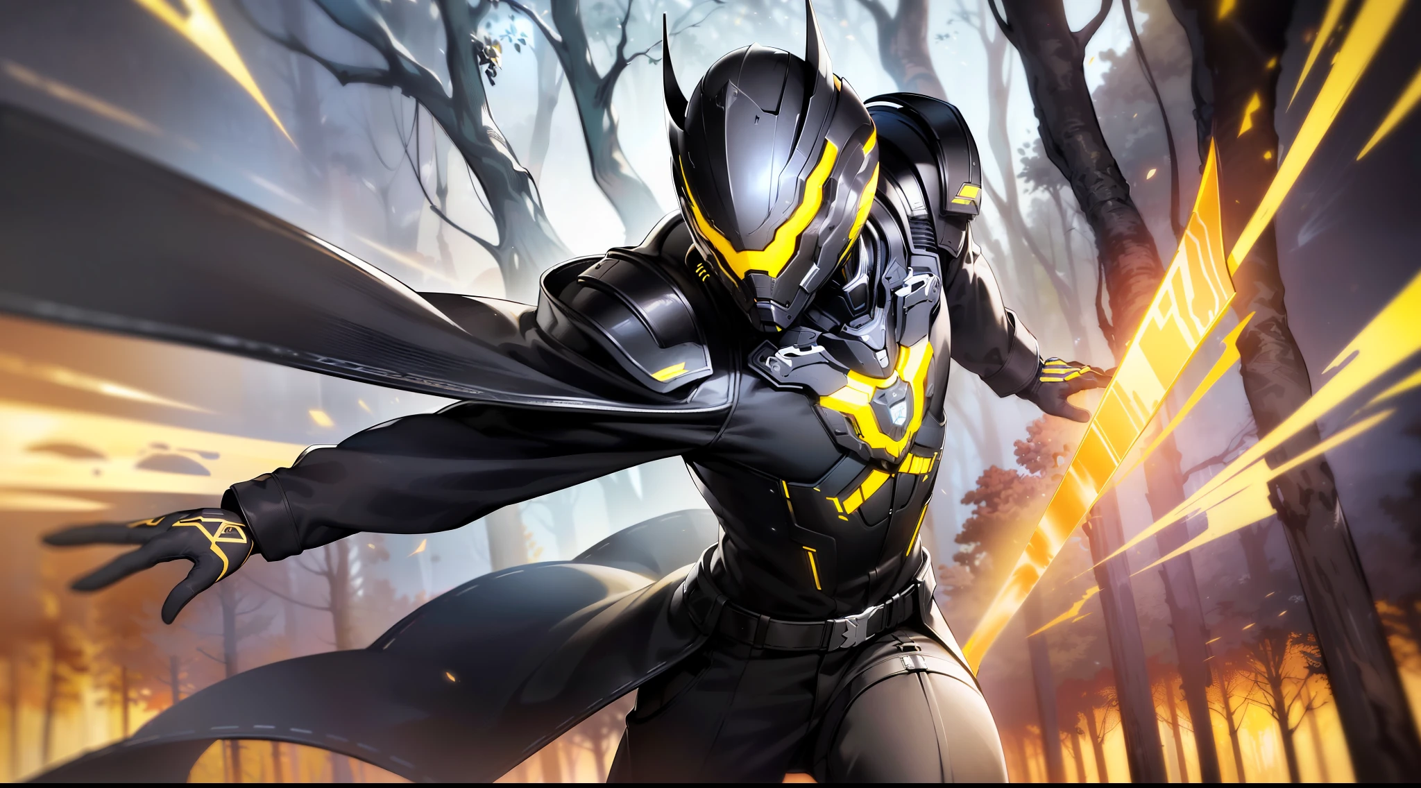 masterpiece, best quality, badass anime, high quality, human, mature handsome male, (((solo))), (male focus), ((mature)), ((black)) short hair, hair between eyes, slim, ((yellow pupils)), glowing pupils, detailed eyes, front view, (clothing, (topwear: (black modern coat, black t-shirt, black warframe helmet), bottomwear:(pants: black)), sprinting at the speed of sound position, detailed clothing, coat collar, coat fluttering, smooth helmet, tall, (serious expression), (((burnt forest))), (detailed background), ((clothing covered with yellow glowing elements)), holding a gold sword