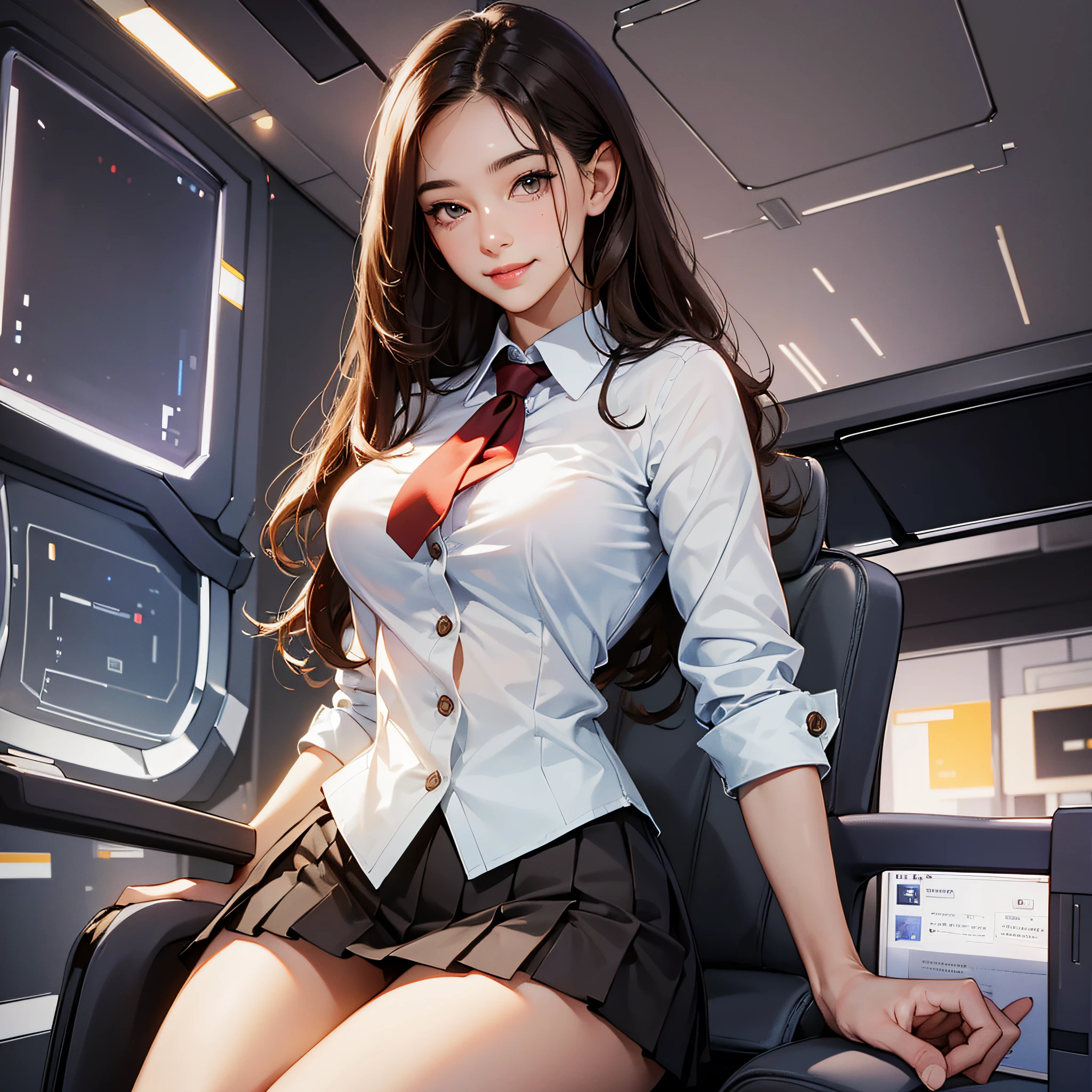 (Masterpiece, best resolution: 1.2), seduction, short skirt, smile, flight attendant, long brown hair, office chair, beautiful breasts, pleated skirt, big breasts without leaking points, high-definition facial features, 8K, double eyelids, delicate facial features --auto --s2