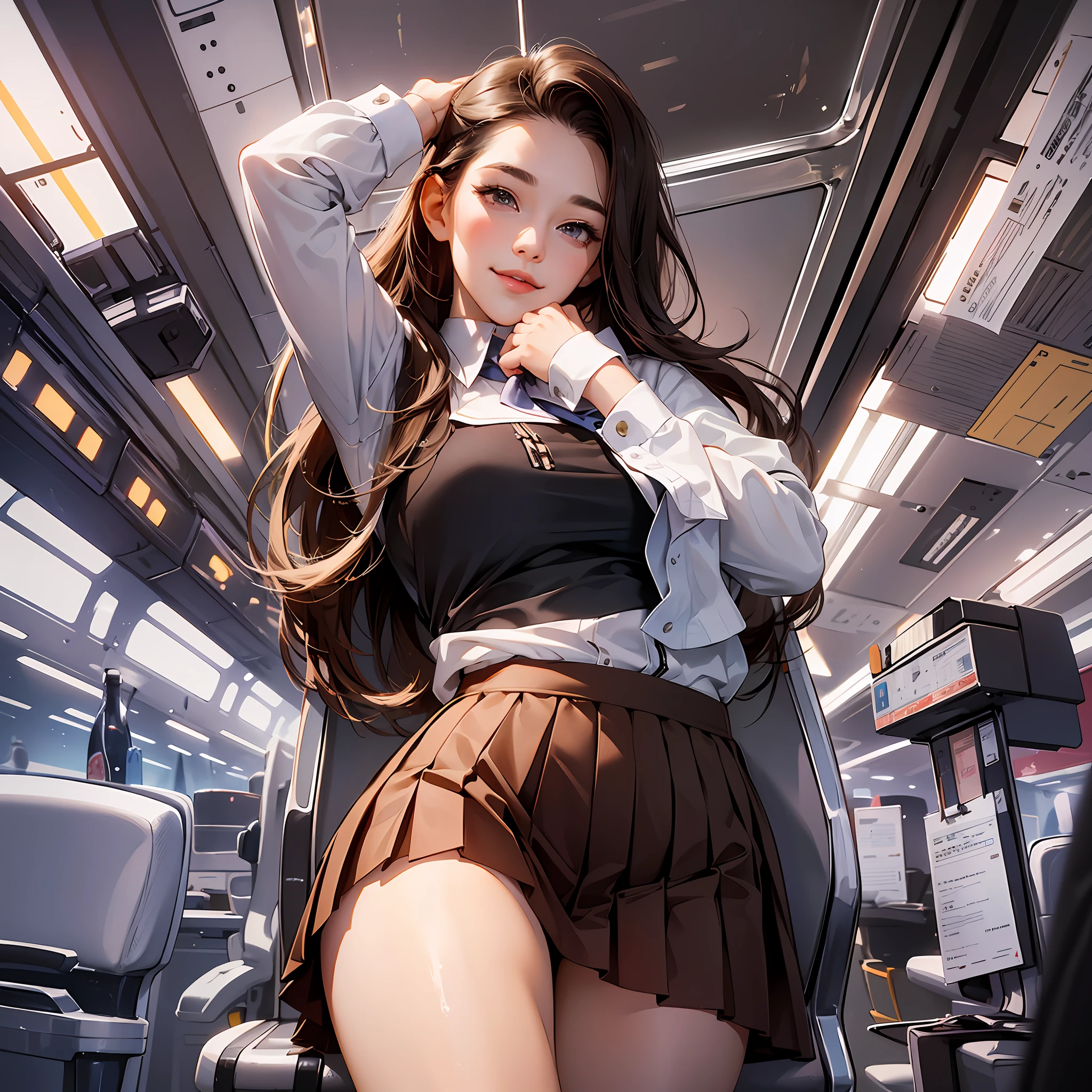 (Masterpiece, best resolution: 1.2), seduction, short skirt, smile, flight attendant, long brown hair, office chair, beautiful breasts, pleated skirt, big breasts without leaking points, high-definition facial features, 8K, double eyelids, delicate facial features --auto --s2