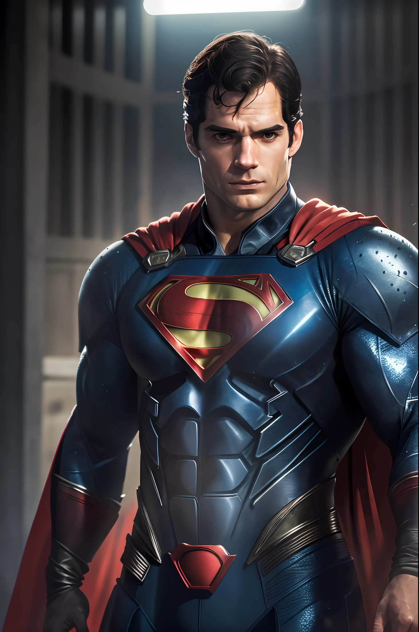 1 man, solo, Henry Cavill as Superman, 40s year old, all blue and red details suit, bare hands, big red S symbol on the chest, red cape, strain of hair covering forehead, short cut hair, tidy hair, tall, manly, hunk body, muscular, wide shoulder, straight face, black hair, best quality, high resolution:1.2, masterpiece, raw photo, dark background, detailed suit, detailed face, upper body shot