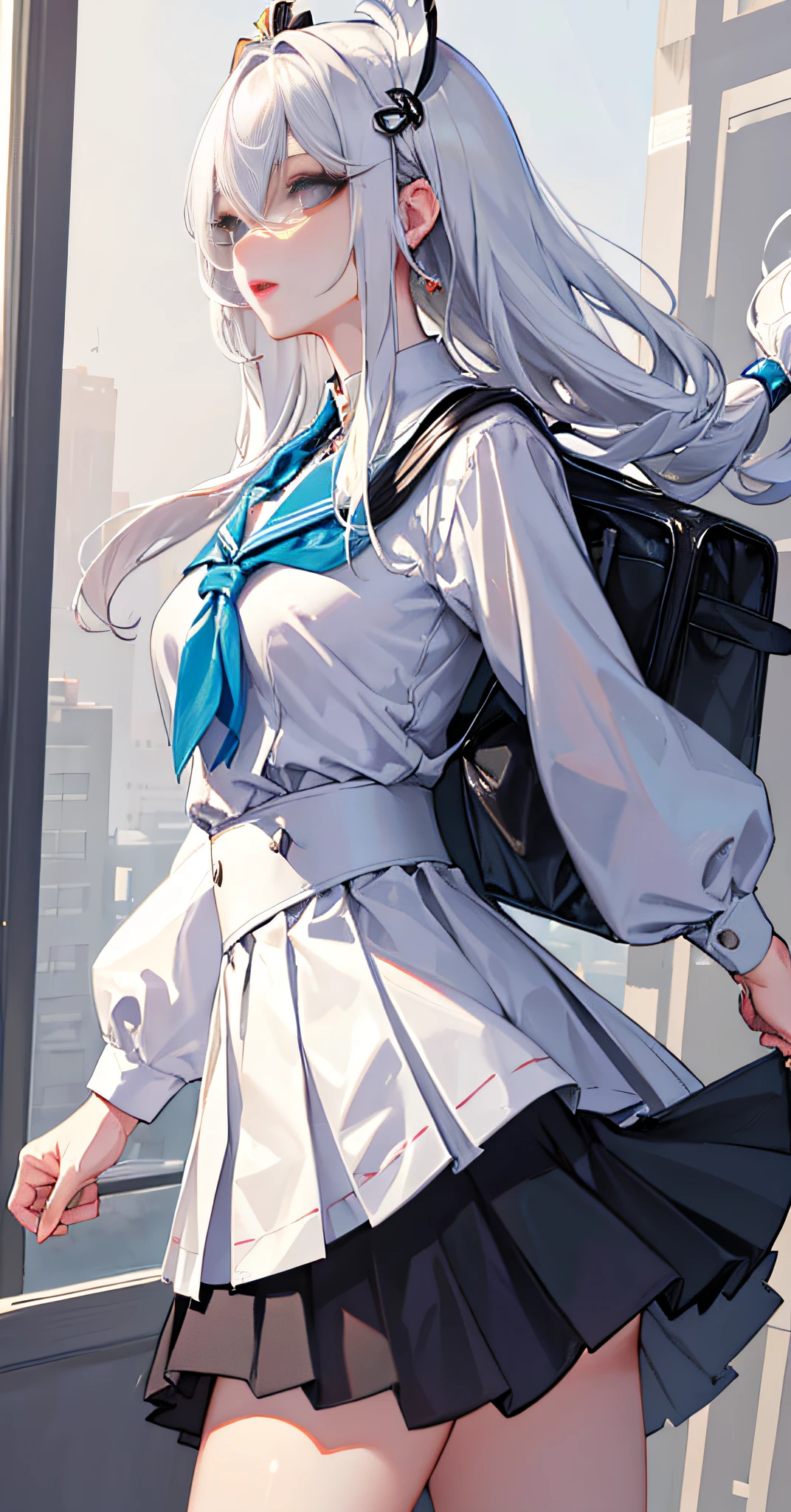 (masterpiece), (best quality), (super detail), (messy hair), (illustration), 1 girl, fashion clothing, ((fashion model)), looking at the audience, perfect face, floating, (shiny), focusing on the face,shenhe (genshin impact), braid, hair on one eye, (hair accessories), earpiece, long hair, (underwear), white lace, upper body, white hair, shiny hair, big chest, sexy action, futurism, shiny skin, exquisite beautiful eyes, white clothes, school uniform, love hotel, face lighting, shiny face, best lighting, lighting, front lighting, schoolbag, Seravku, red lips, open legs, wide angle, wide angle,joshi Kousei, modern furniture, bedroom, standing, Dutch corner, black pleated skirt, arms_ behind_ Back, thin eyelashes, upright, from the top,(ulzzang-6500-v1.1)