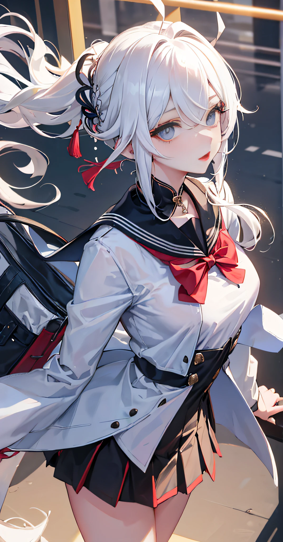 (masterpiece), (best quality), (super detail), (messy hair), (illustration), 1 girl, fashion clothing, ((fashion model)), looking at the audience, perfect face, floating, (shiny), focusing on the face,shenhe (genshin impact), braid, hair on one eye, (hair accessories), earpiece, long hair, (underwear), white lace, upper body, white hair, shiny hair, big chest, sexy action, futurism, shiny skin, exquisite beautiful eyes, white clothes, school uniform, love hotel, face lighting, shiny face, best lighting, lighting, front lighting, schoolbag, Seravku, red lips, open legs, wide angle, wide angle,joshi Kousei, modern furniture, bedroom, standing, Dutch corner, black pleated skirt, arms_ behind_ Back, thin eyelashes, upright, from the top,(ulzzang-6500-v1.1)