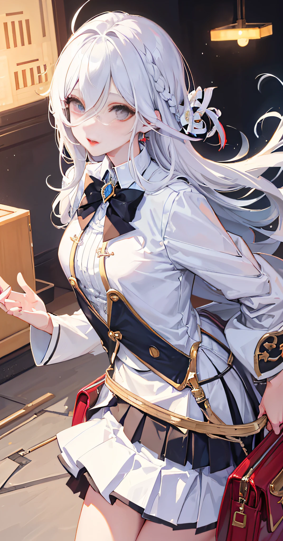 (masterpiece), (best quality), (super detail), (messy hair), (illustration), 1 girl, fashion clothing, ((fashion model)), looking at the audience, perfect face, floating, (shiny), focusing on the face,shenhe (genshin impact), braid, hair on one eye, (hair accessories), earpiece, long hair, (underwear), white lace, upper body, white hair, shiny hair, big chest, sexy action, futurism, shiny skin, exquisite beautiful eyes, white clothes, school uniform, love hotel, face lighting, shiny face, best lighting, lighting, front lighting, schoolbag, Seravku, red lips, open legs, wide angle, wide angle,joshi Kousei, modern furniture, bedroom, standing, Dutch corner, black pleated skirt, arms_ behind_ Back, thin eyelashes, upright, from the top,(ulzzang-6500-v1.1)