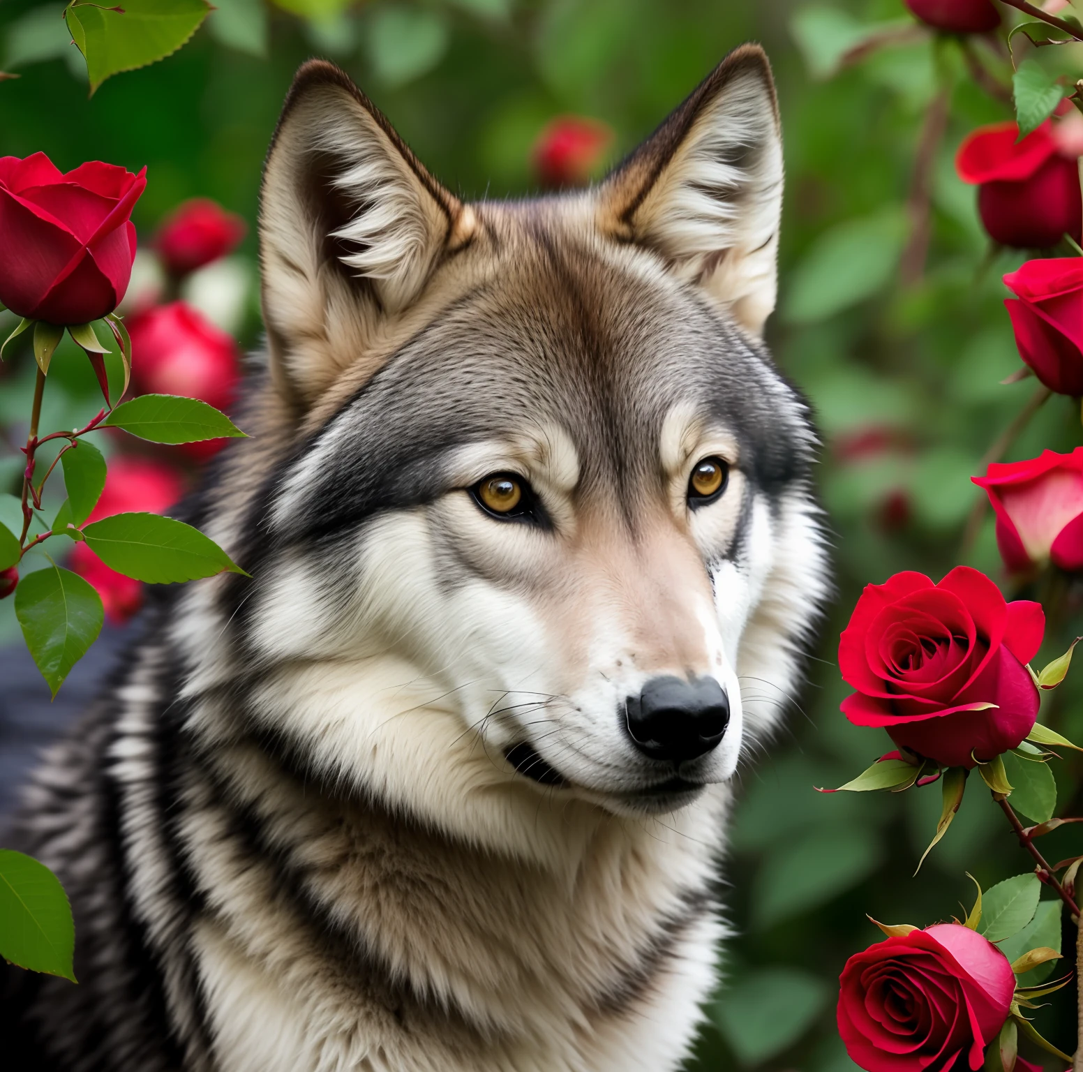 Cherry roses, cinematic, with wolf in the background