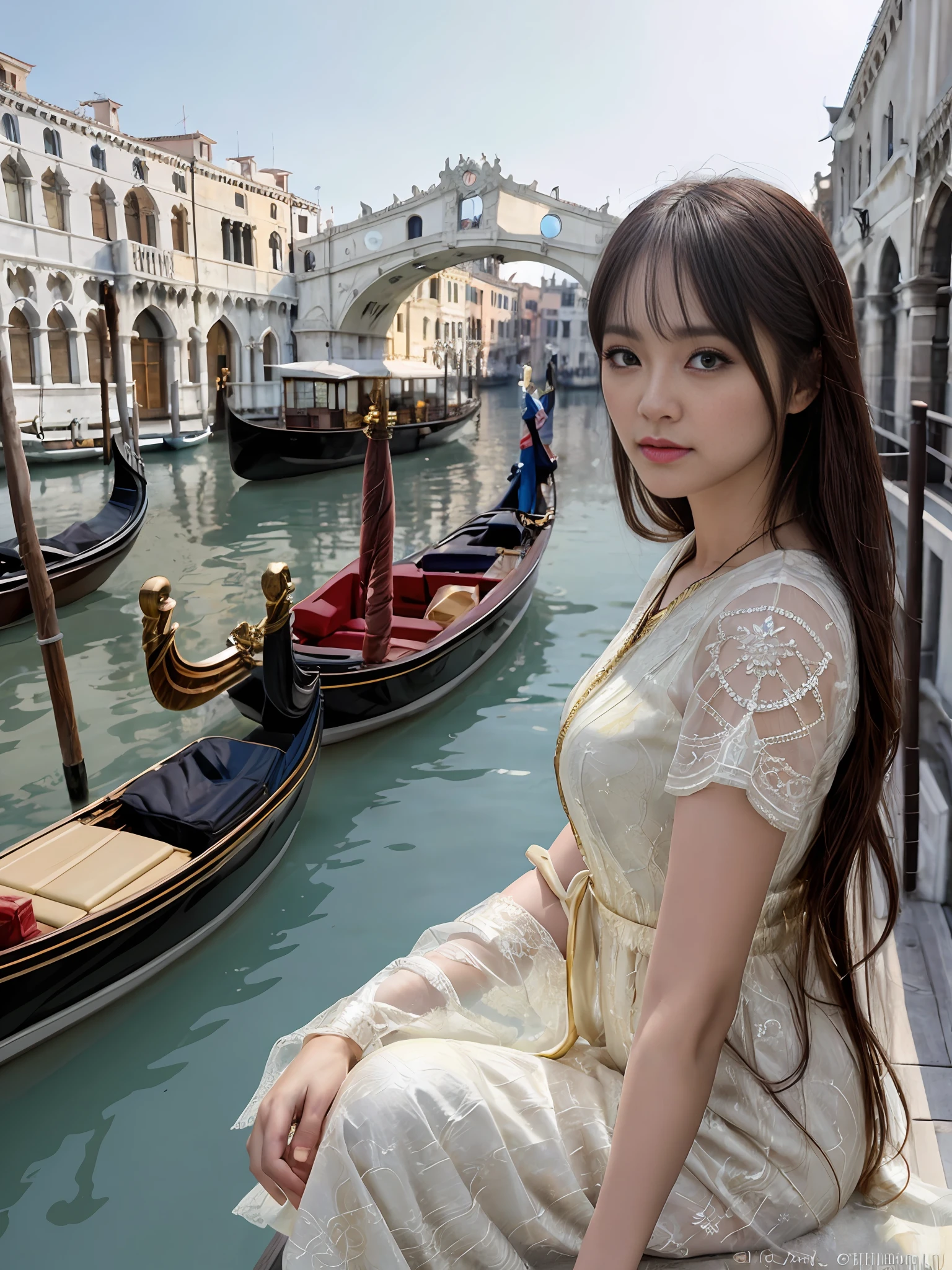 modelshoot style, (extremely detailed CG unity 8k wallpaper), full shot body photo of the most beautiful artwork in the world, stunningly beautiful photo realistic cute women, a hyper realistic ultra detailed photograph of a beautiful girl as a female 2020s dancer on the boat of 2020s Venice,(Bridge Of Sighs background),(princess eyes,shiny pupils), detailed symmetric beautiful hazel eyes, detailed gorgeous face,highly detailed, vibrant,professional majestic oil painting by Ed Blinkey, Atey Ghailan, Studio Ghibli, by Jeremy Mann, Greg Manchess, Antonio Moro, trending on ArtStation, trending on CGSociety, Intricate, High Detail, Sharp focus, dramatic, photorealistic painting art by midjourney and greg rutkowski