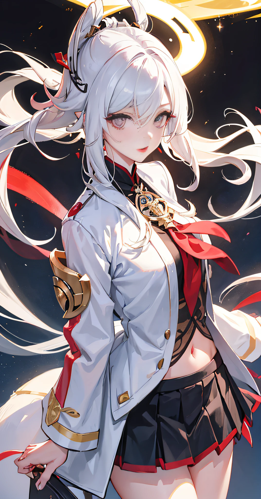 (masterpiece), (best quality), (super detail), (messy hair), (illustration), 1 girl, fashion clothing, ((fashion model)), looking at the audience, perfect face, floating, (shiny), focusing on the face,shenhe (genshin impact), braid, hair on one eye, (hair accessories), earpiece, long hair, (underwear), white lace, upper body, white hair, shiny hair, big chest, sexy action, futurism, shiny skin, exquisite beautiful eyes, white clothes, school uniform, love hotel, face lighting, shiny face, best lighting, lighting, front lighting, schoolbag, Seravku, red lips, open legs, wide angle, wide angle,joshi Kousei, modern furniture, bedroom, standing, Dutch corner, black pleated skirt, arms_ behind_ Back, thin eyelashes, upright, from the top，（ulzzang-6500-v1.1）