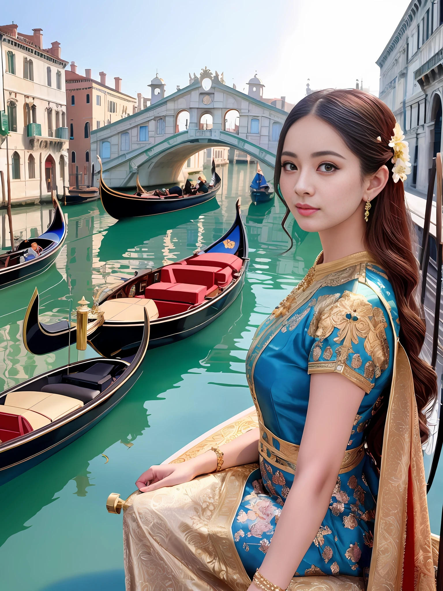 modelshoot style, (extremely detailed CG unity 8k wallpaper), full shot body photo of the most beautiful artwork in the world, stunningly beautiful photo realistic cute women, a hyper realistic ultra detailed photograph of a beautiful girl as a female 2020s dancer on the boat of 2020s Venice,(Bridge Of Sighs background),(princess eyes,shiny pupils), detailed symmetric beautiful hazel eyes, detailed gorgeous face,highly detailed, vibrant,professional majestic oil painting by Ed Blinkey, Atey Ghailan, Studio Ghibli, by Jeremy Mann, Greg Manchess, Antonio Moro, trending on ArtStation, trending on CGSociety, Intricate, High Detail, Sharp focus, dramatic, photorealistic painting art by midjourney and greg rutkowski